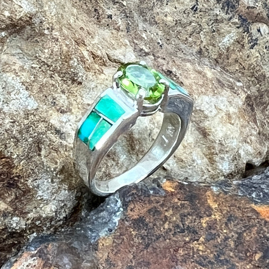 David Rosales Sonoran Gold Turquoise Inlaid Sterling Silver Ring w/ Peridot