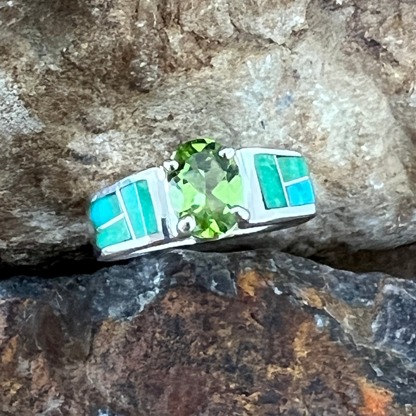 David Rosales Sonoran Gold Turquoise Inlaid Sterling Silver Ring w/ Peridot