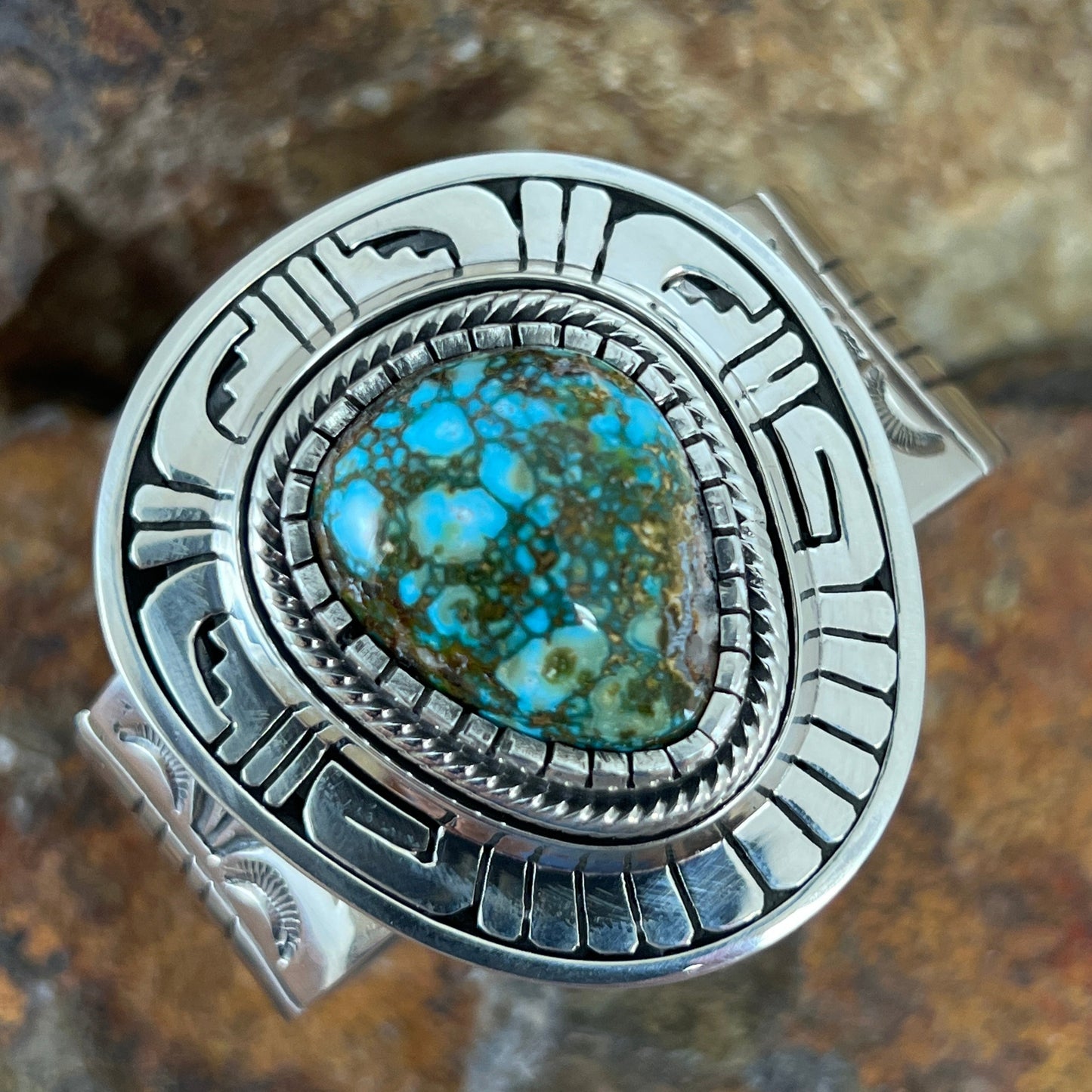 Kingman Turquoise Sterling Silver Bracelet by Leonard Nez