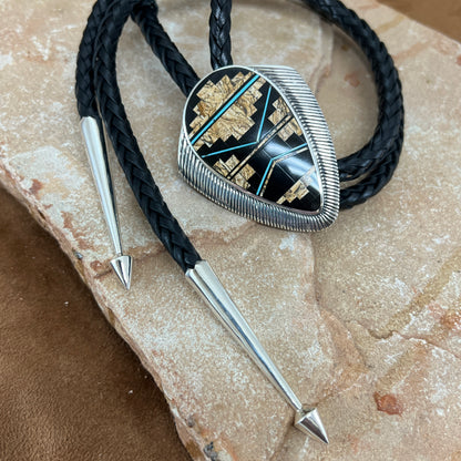 David Rosales Turquoise Creek Fancy Inlaid Sterling Silver Bolo Tie