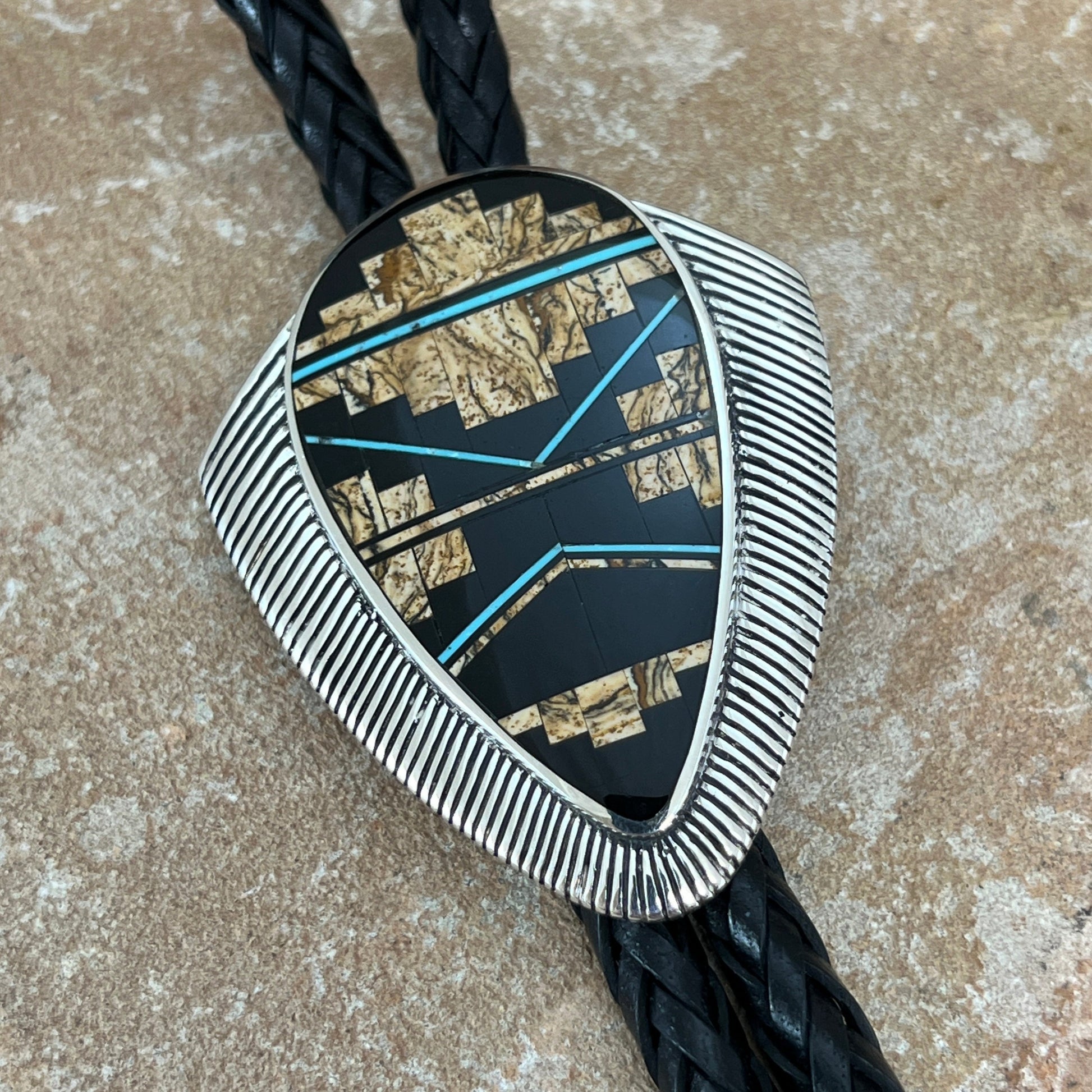 David Rosales Turquoise Creek Fancy Inlaid Sterling Silver Bolo Tie