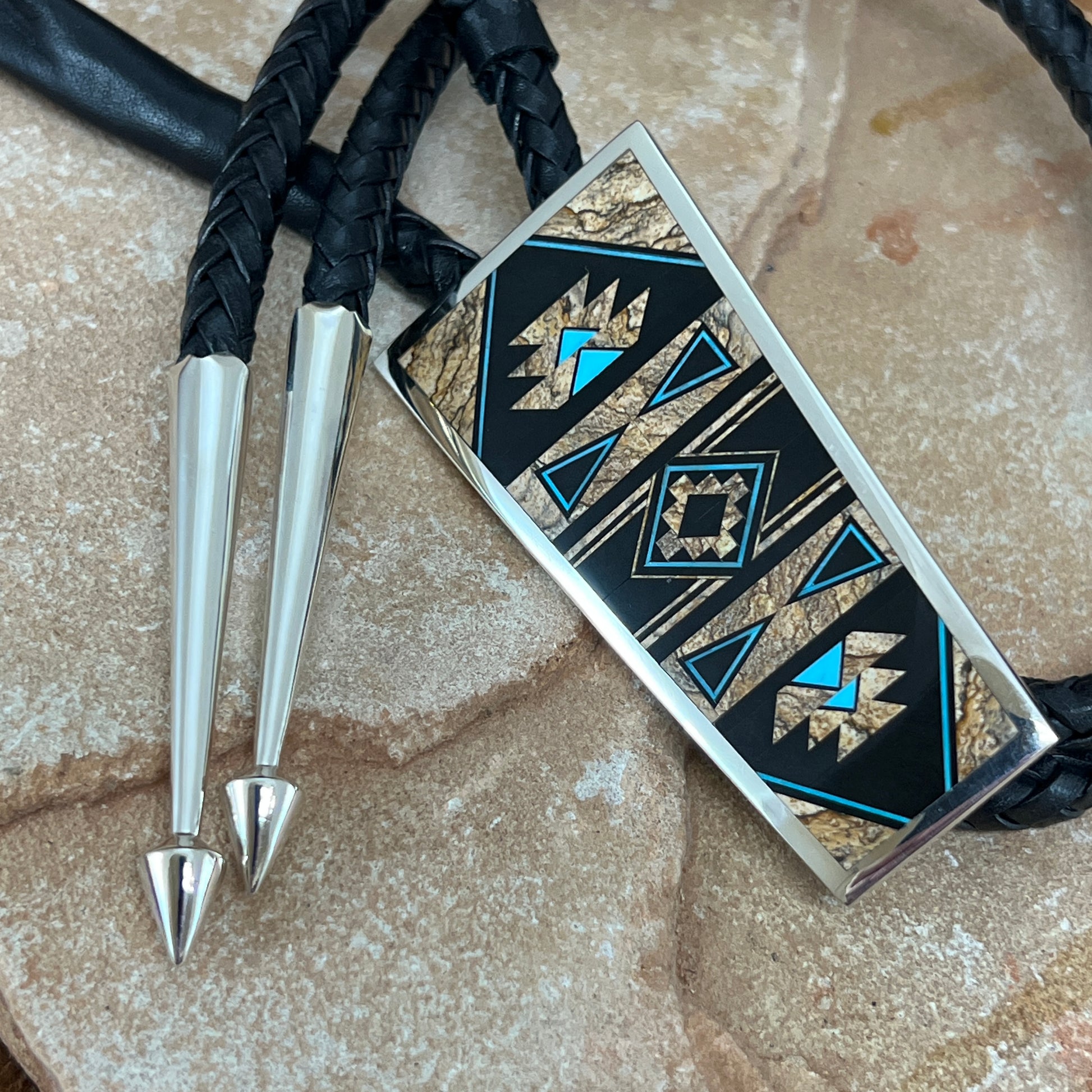 David Rosales Turquoise Creek Fancy Inlaid Sterling Silver Bolo Tie