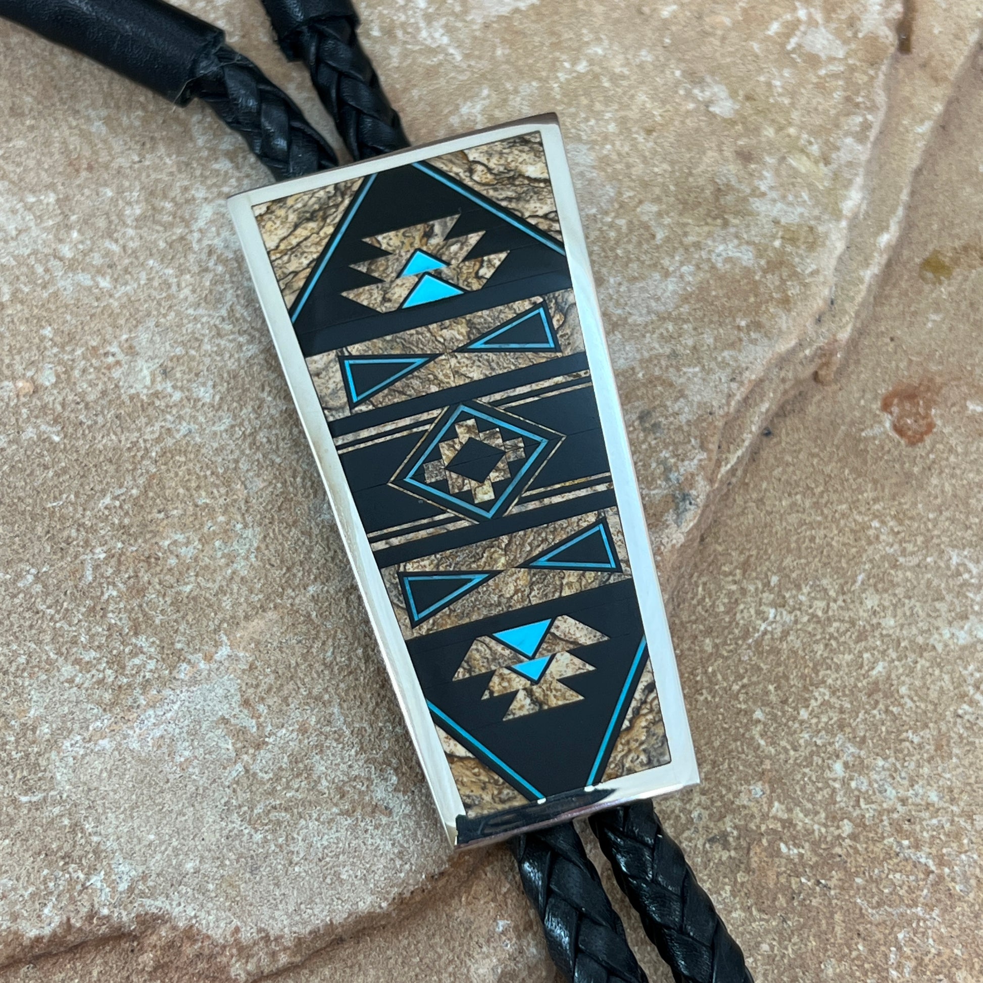 David Rosales Turquoise Creek Fancy Inlaid Sterling Silver Bolo Tie