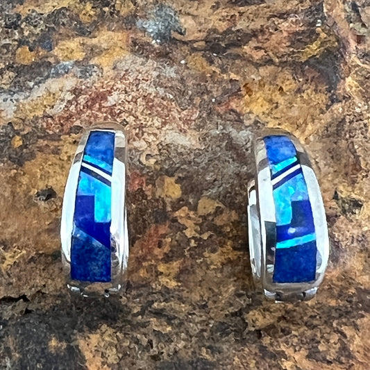 David Rosales Blue Sky Fancy Inlaid Sterling Silver Earrings Huggies