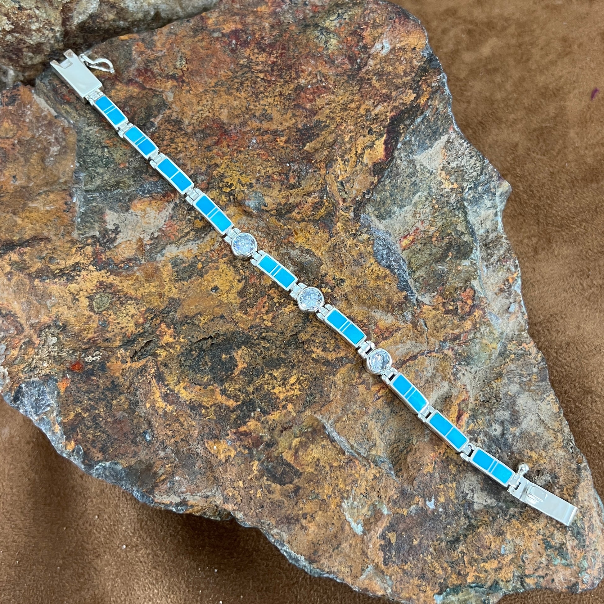 David Rosales Arizona Blue Inlaid Sterling Silver Link Bracelet w/ CZ