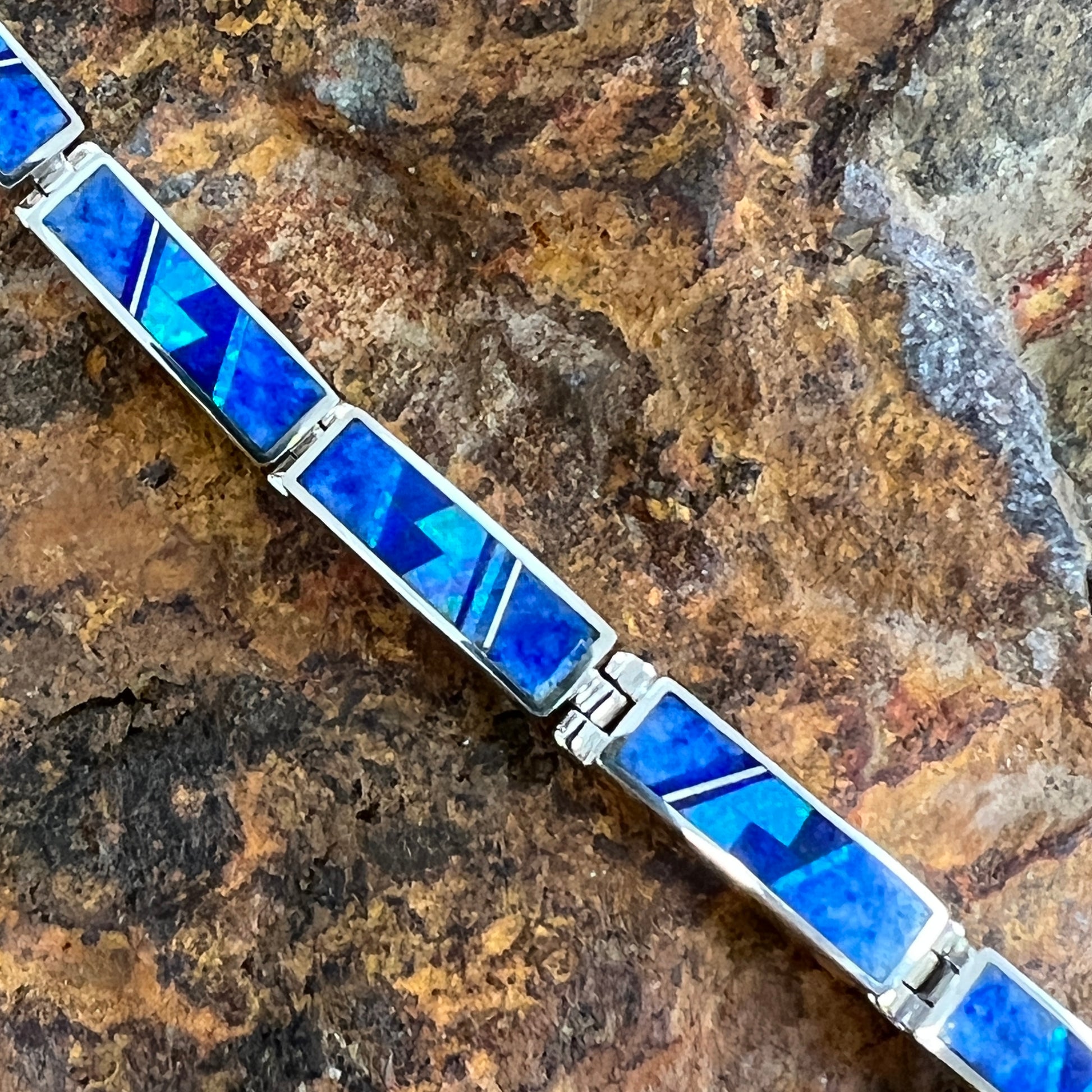 David Rosales Blue Sky Fancy Inlaid Sterling Silver Big Link Bracelet