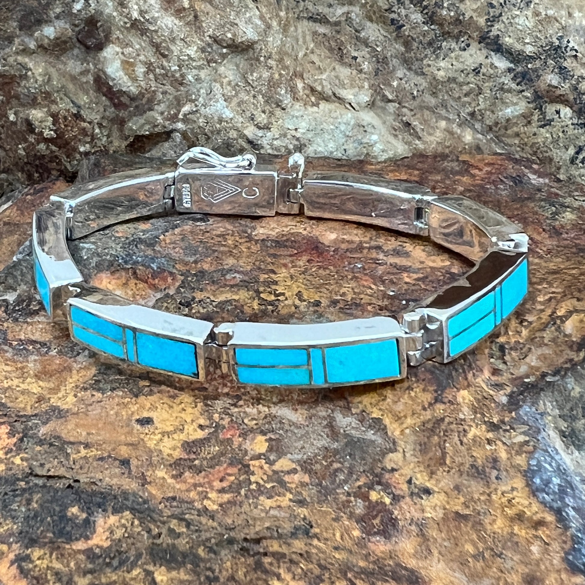 David Rosales Arizona Blue Inlaid Sterling Silver Big Link Bracelet