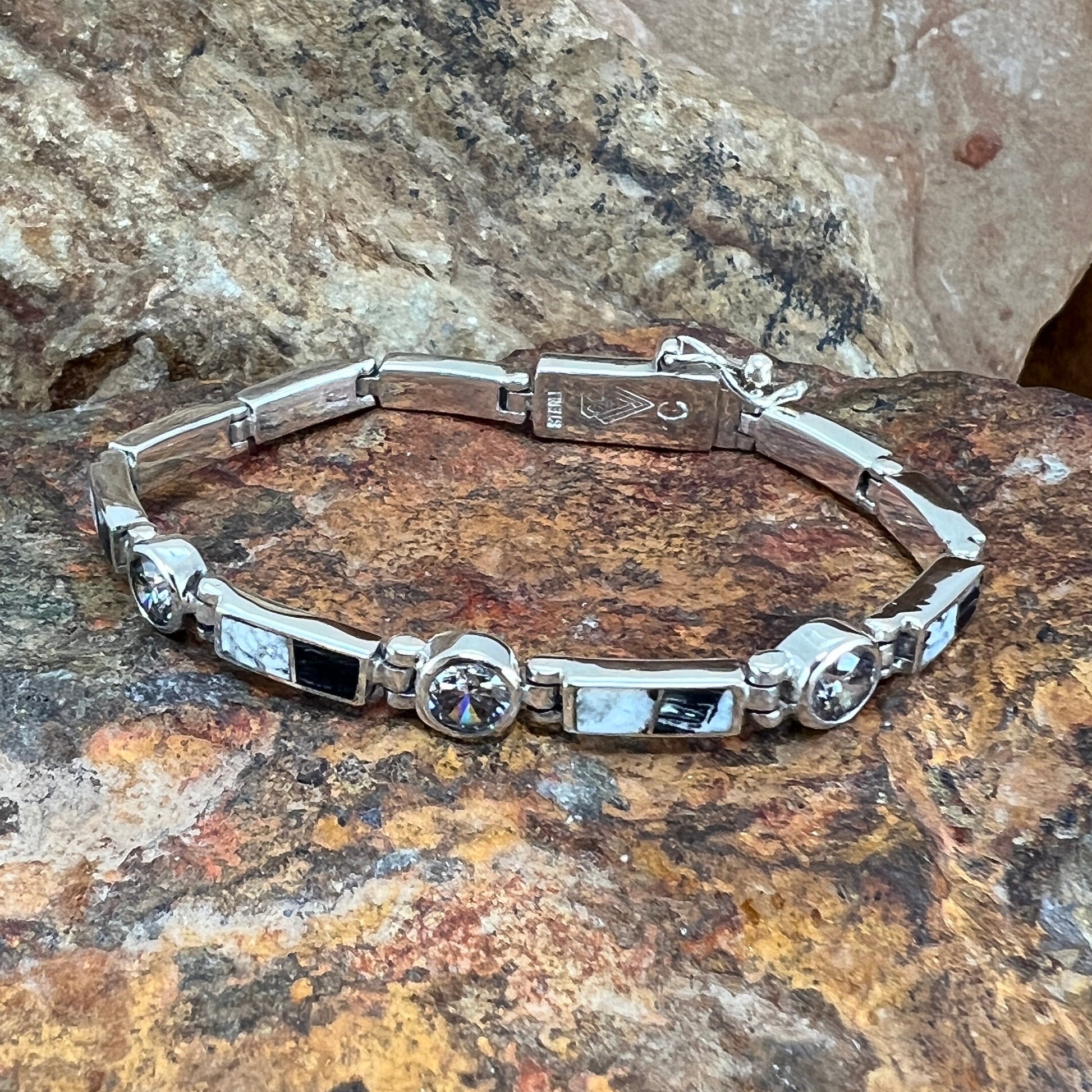 David Rosales White Buffalo Inlaid Sterling Silver Link Bracelet w CZ