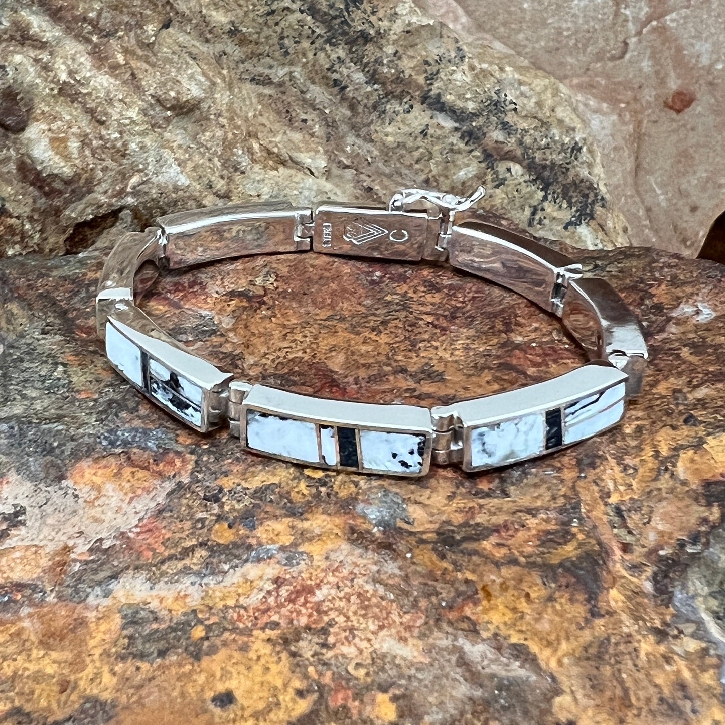 David Rosales White Buffalo Inlaid Sterling Silver Big Link Bracelet