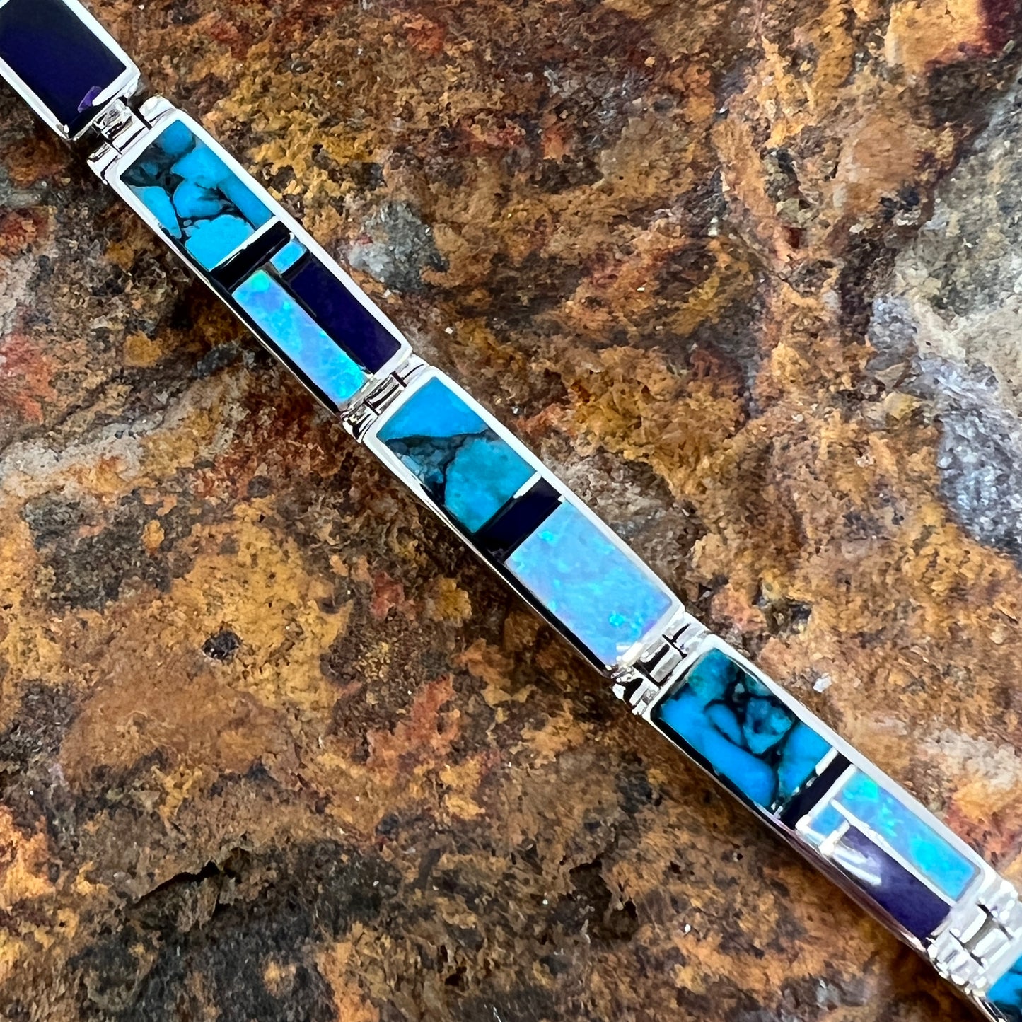 David Rosales Shalako Inlaid Sterling Silver Big Link Bracelet