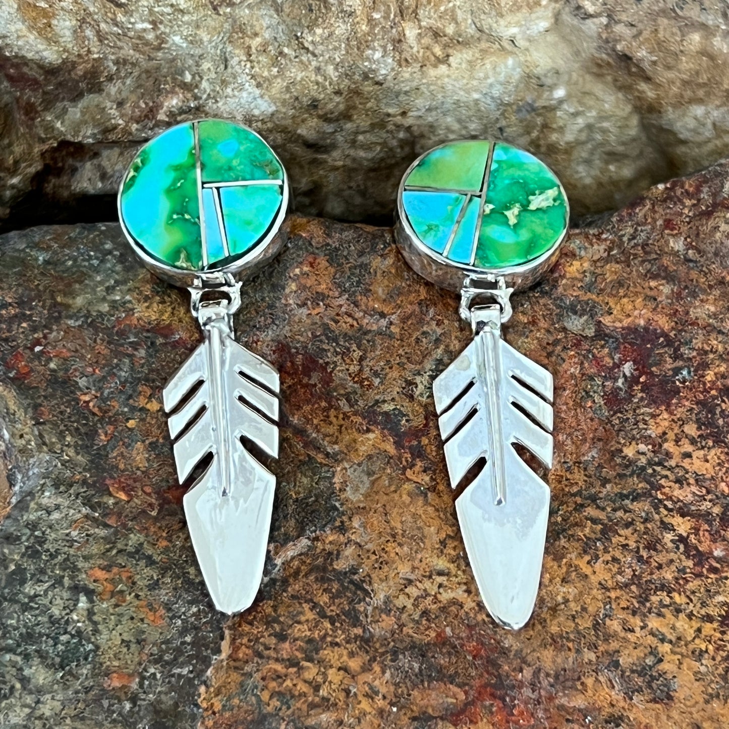 David Rosales Sonoran Gold Turquoise Inlaid Sterling Silver Earrings Feathers