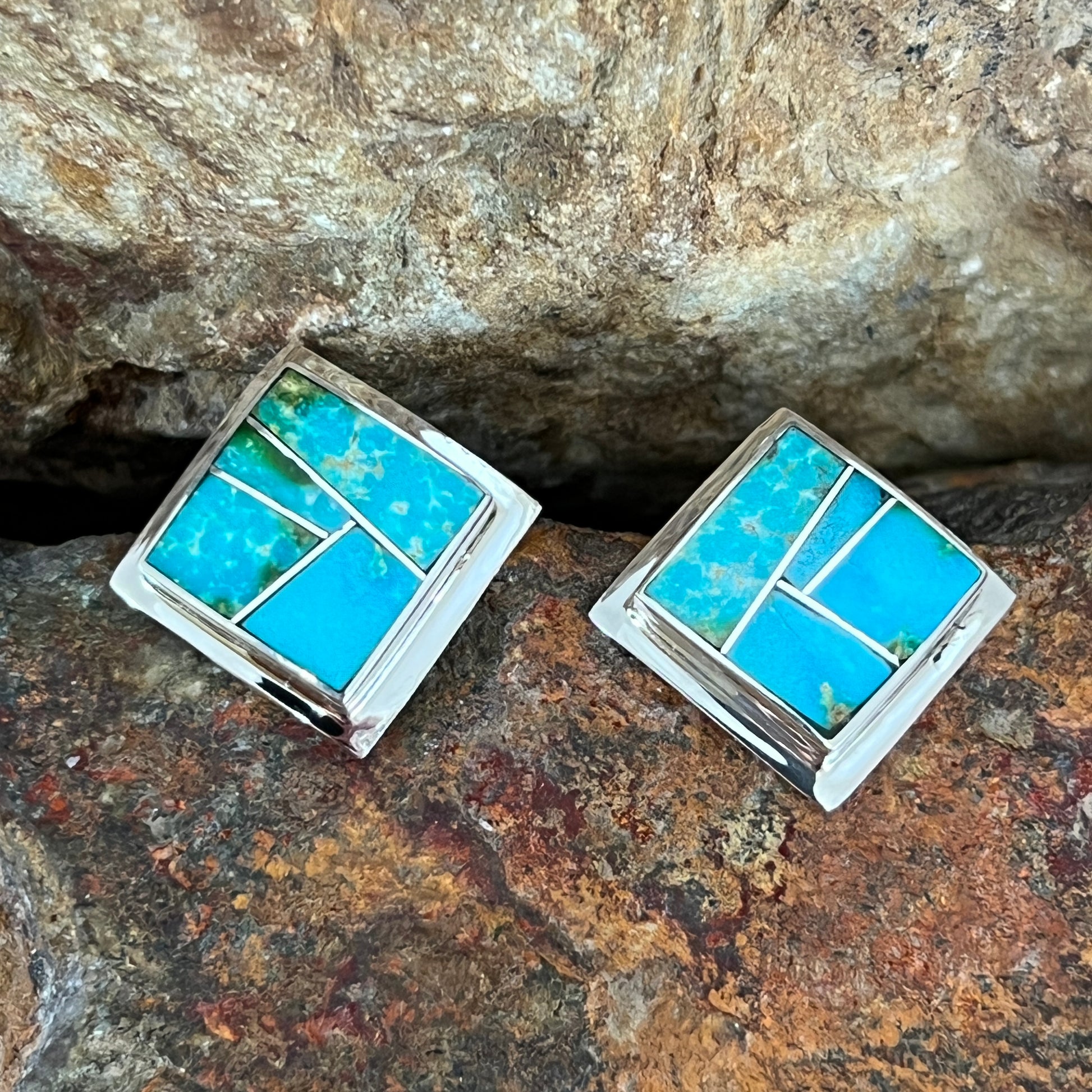 David Rosales Sonoran Gold Turquoise Inlaid Sterling Silver Earrings