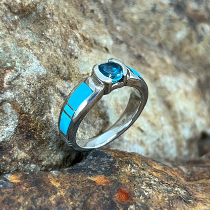 David Rosales Arizona Blue Inlaid Sterling Silver Ring w Blue Topaz