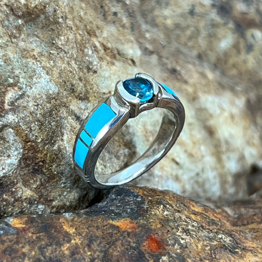 David Rosales Arizona Blue Inlaid Sterling Silver Ring w Blue Topaz