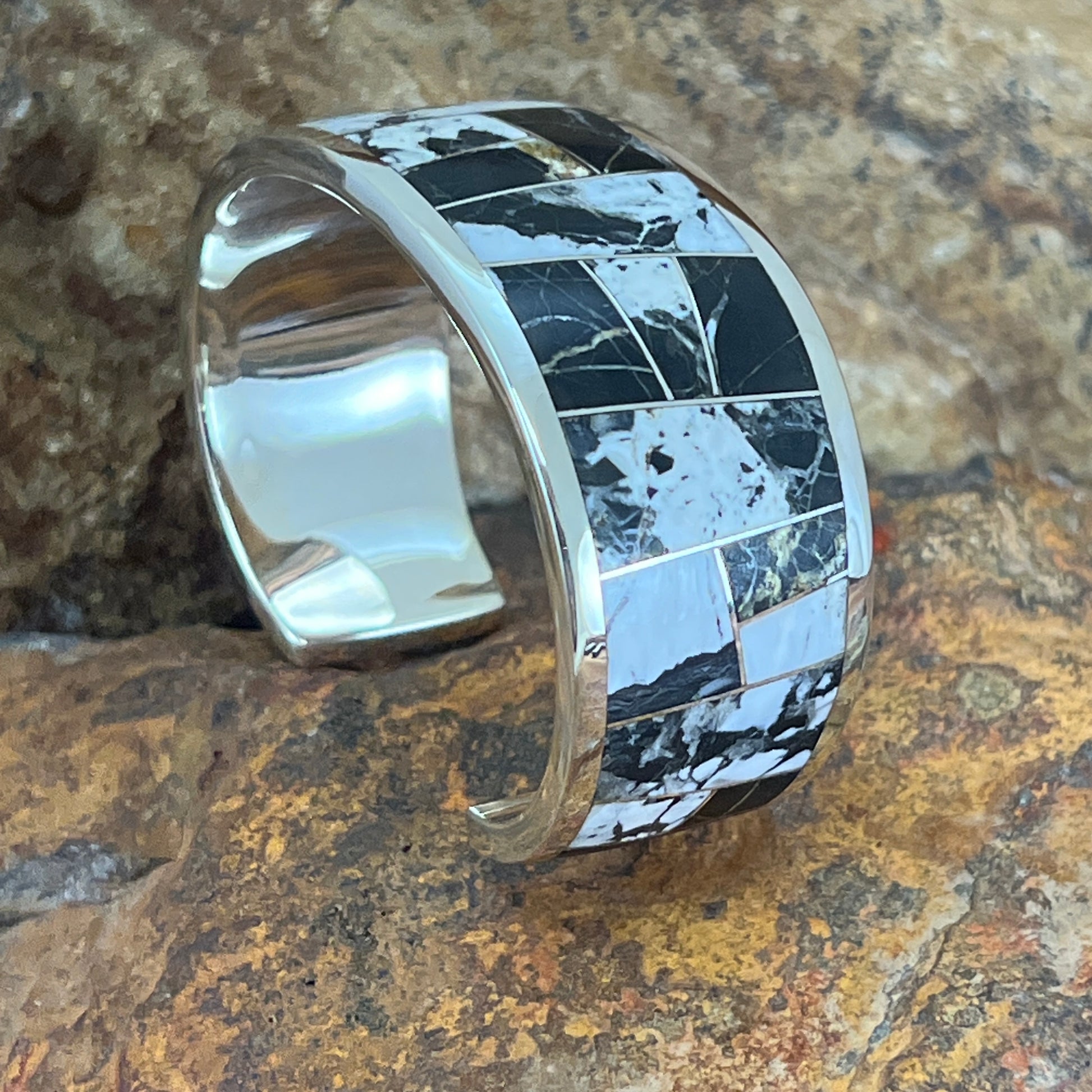 David Rosales White Buffalo Inlaid Sterling Silver Bracelet