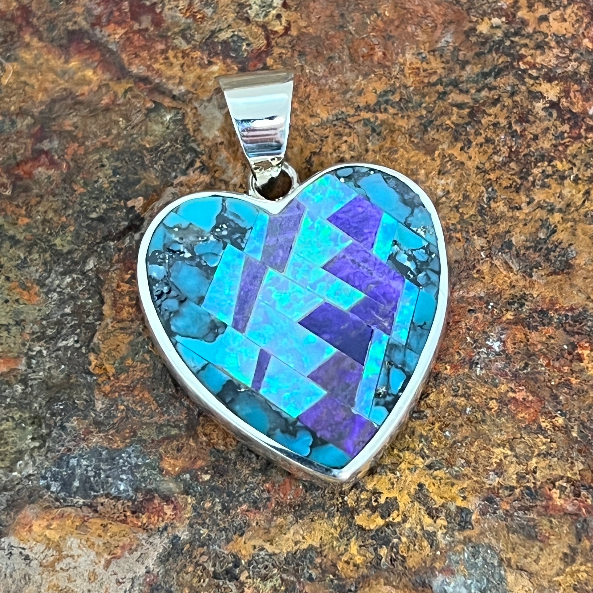 David Rosales Shalako Fancy Inlaid Sterling Silver Pendant Heart