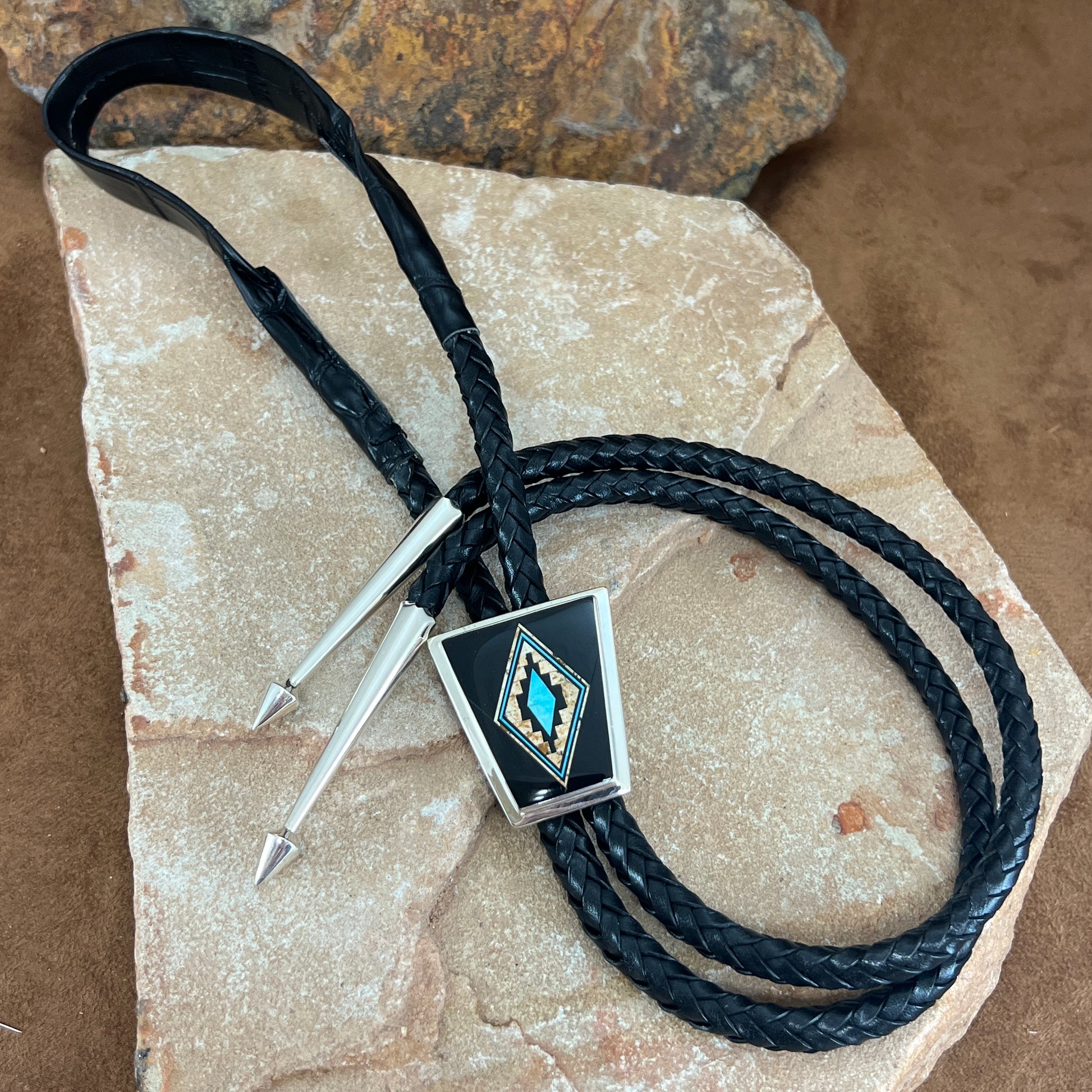 David Rosales Turquoise Creek Fancy Inlaid Sterling Silver Bolo Tie