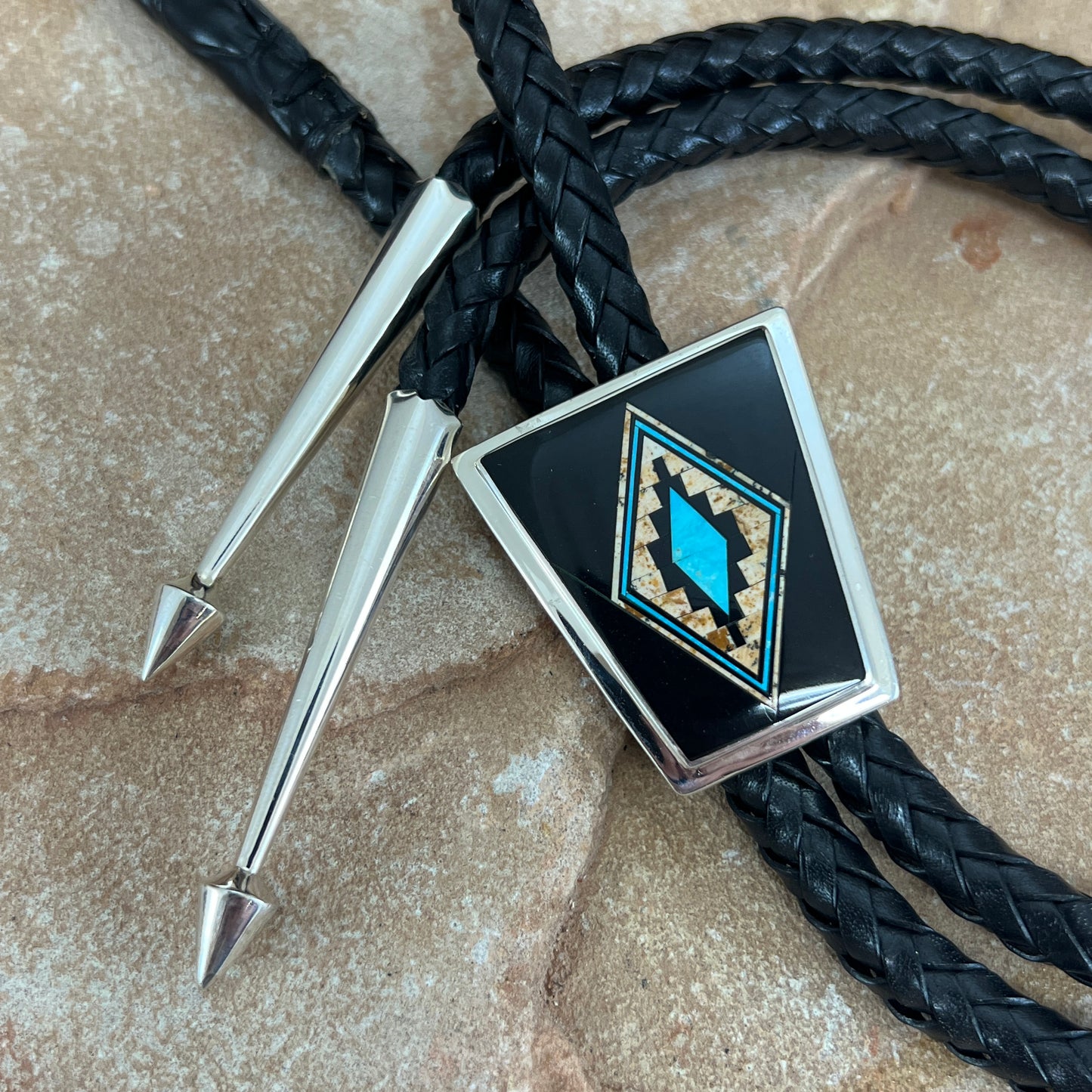 David Rosales Turquoise Creek Fancy Inlaid Sterling Silver Bolo Tie