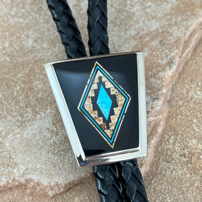 David Rosales Turquoise Creek Fancy Inlaid Sterling Silver Bolo Tie