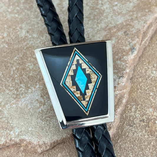 David Rosales Turquoise Creek Fancy Inlaid Sterling Silver Bolo Tie