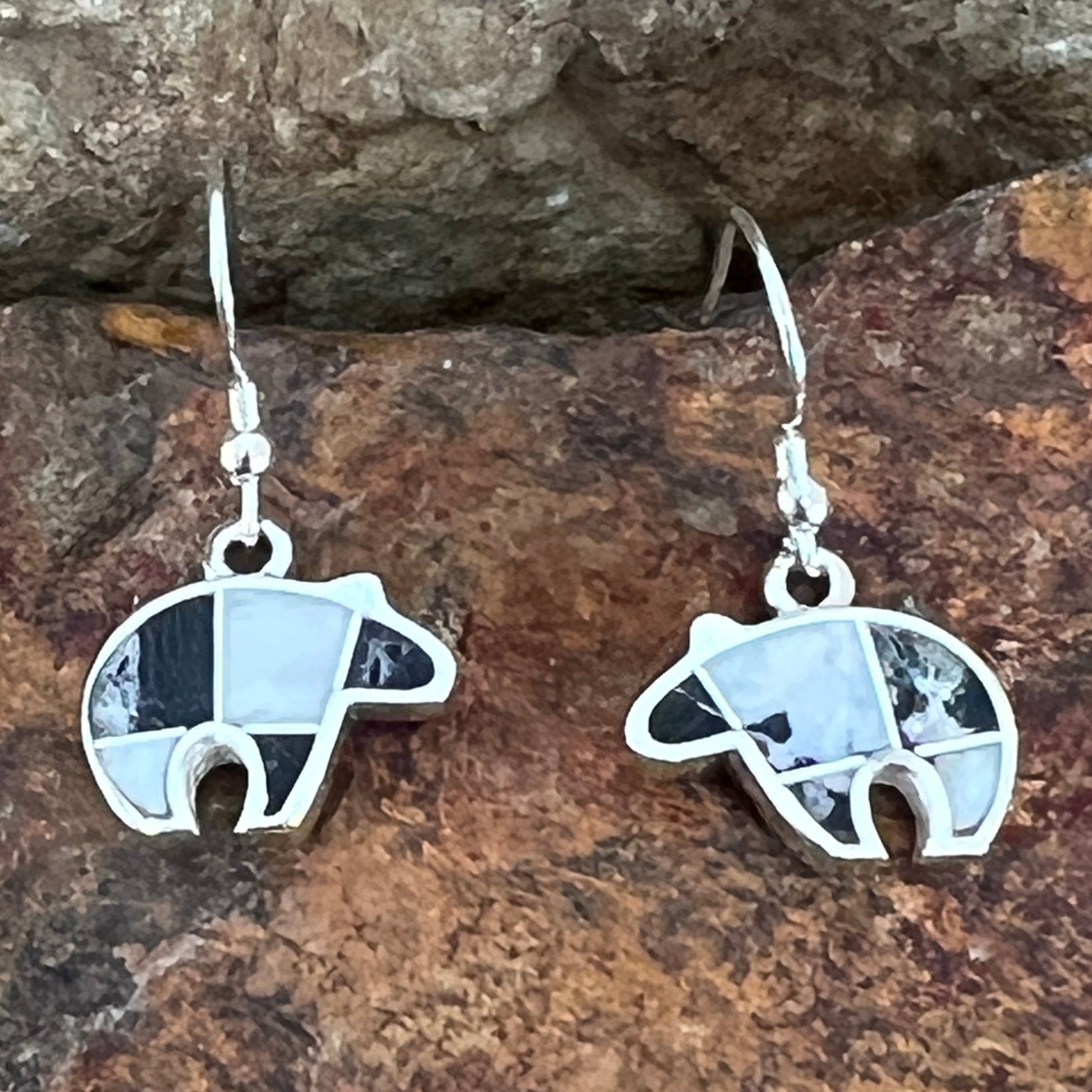 David Rosales White Buffalo Inlaid Sterling Silver Earrings Bears