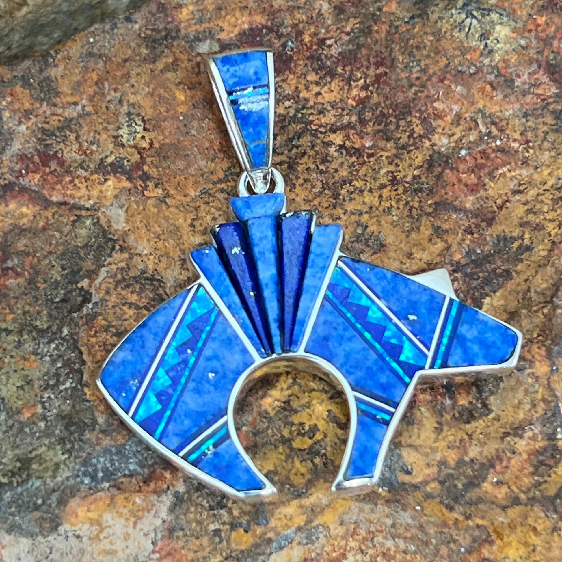 David Rosales Blue Sky Inlaid Sterling Silver Pendant Bear