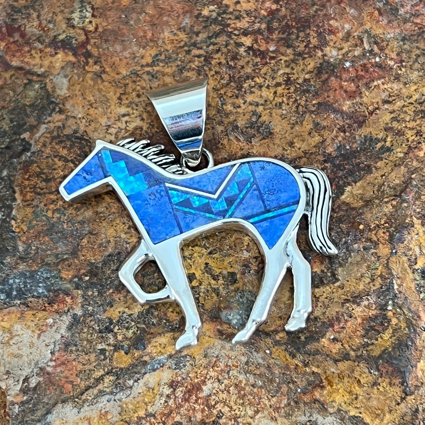 David Rosales Blue Sky Fancy Inlaid Sterling Silver Pendant Horse