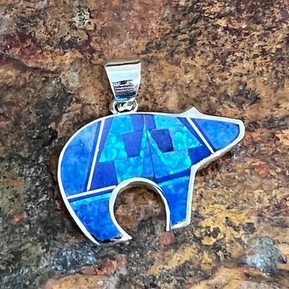 David Rosales Blue Sky Inlaid Sterling Silver Pendant Bear