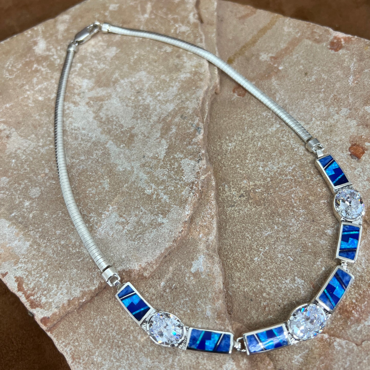 David Rosales Blue Sky Inlaid Sterling Silver Necklace w/ Cubic Zirconia