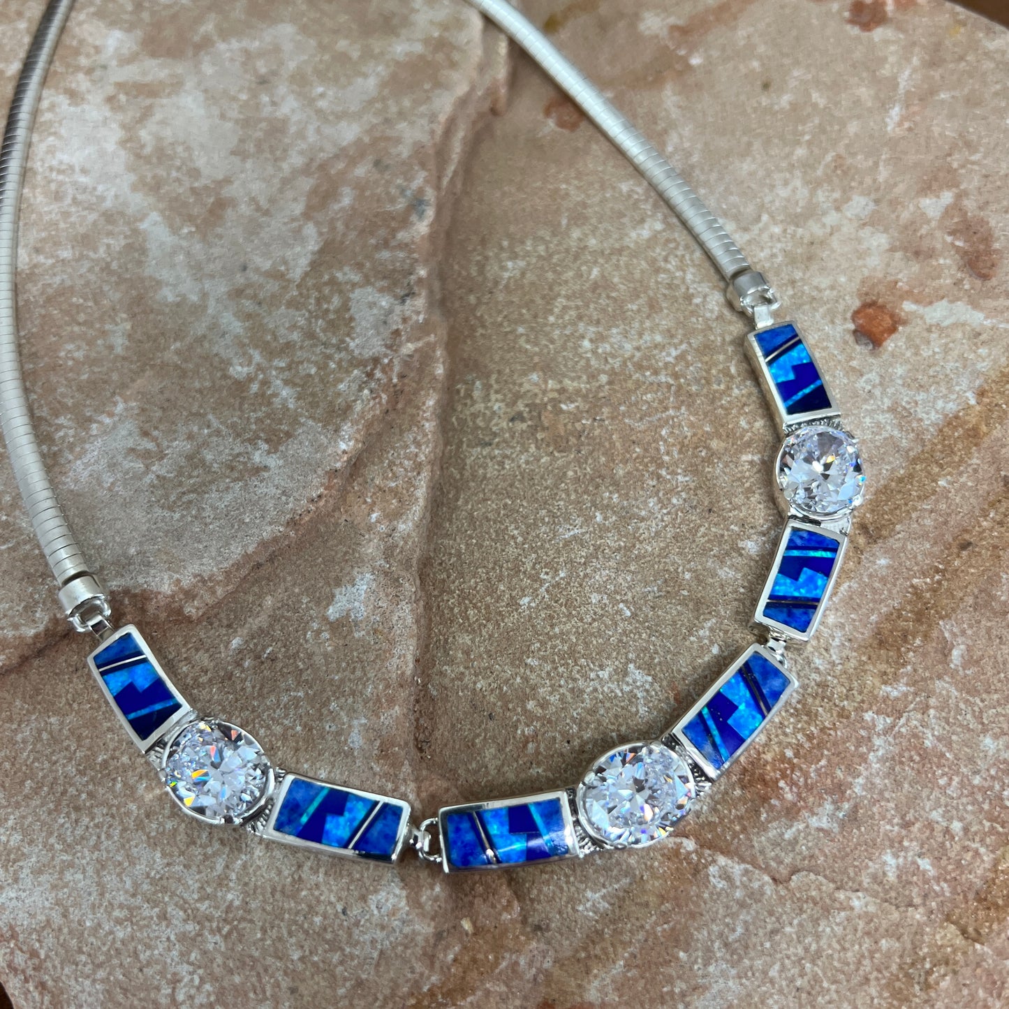 David Rosales Blue Sky Inlaid Sterling Silver Necklace w/ Cubic Zirconia