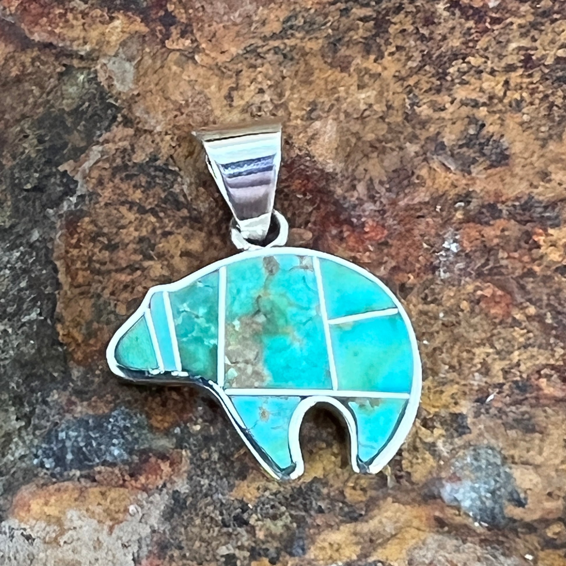 David Rosales Sonoran Gold Inlaid Sterling Silver Pendant Bear