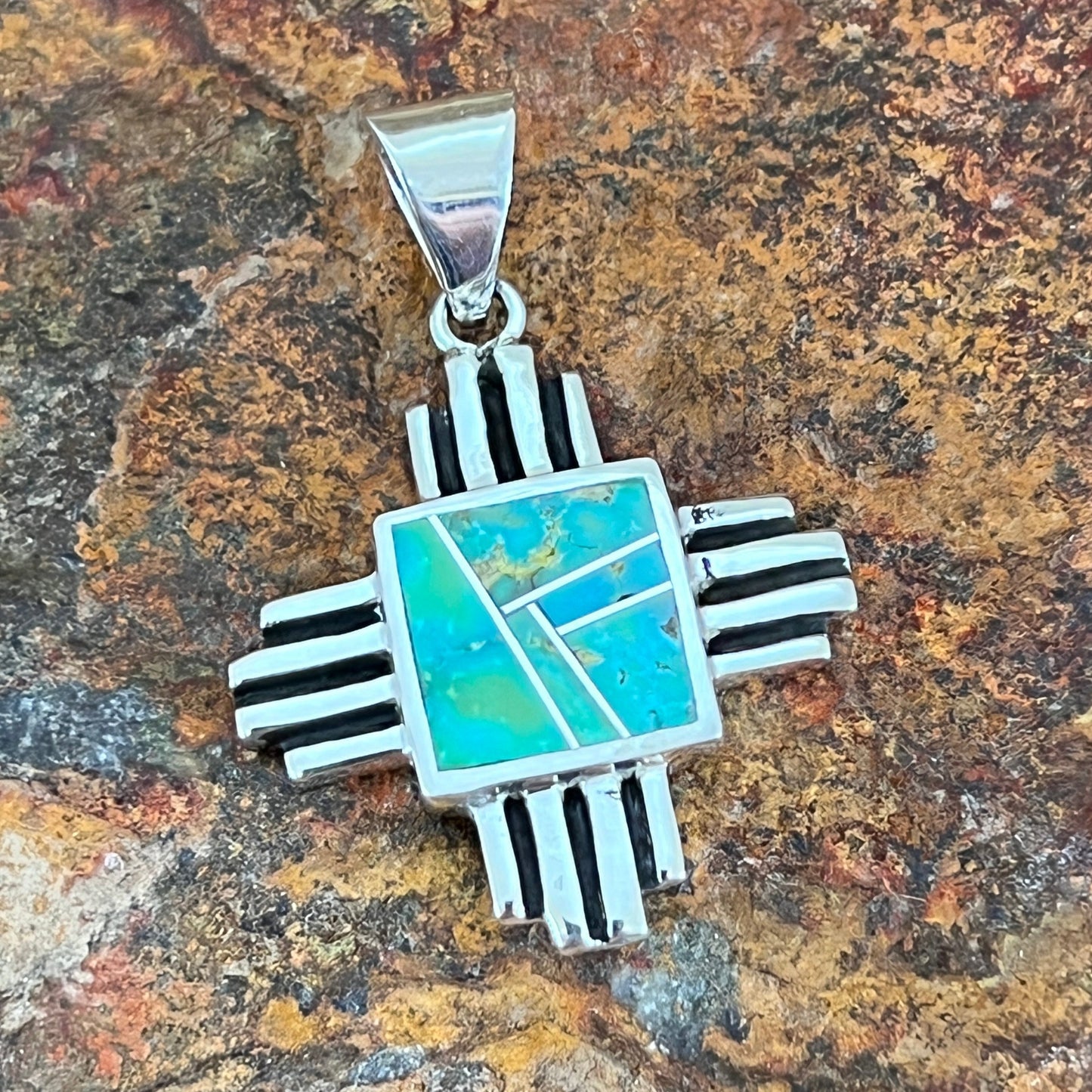 David Rosales Sonoran Gold Turquoise Inlaid Sterling Silver Pendant Cross