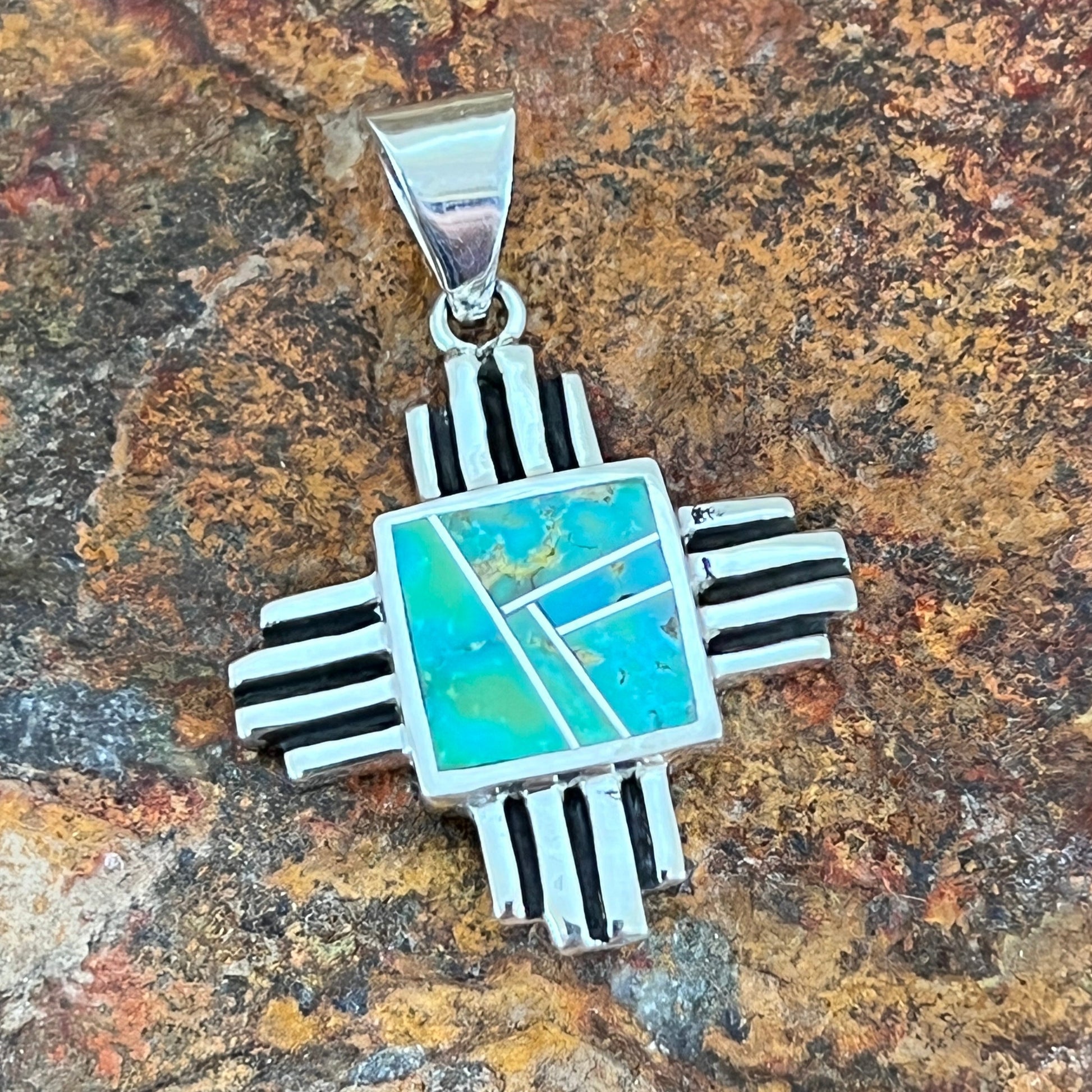 David Rosales Sonoran Gold Turquoise Inlaid Sterling Silver Pendant Cross