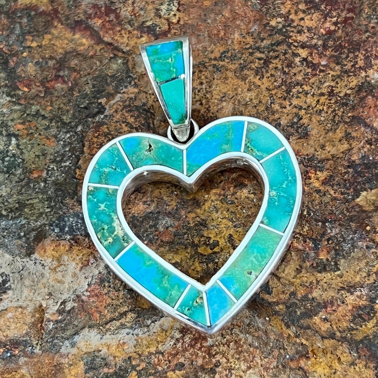 David Rosales Sonoran Gold Turquoise Inlaid Sterling Silver Pendant Heart