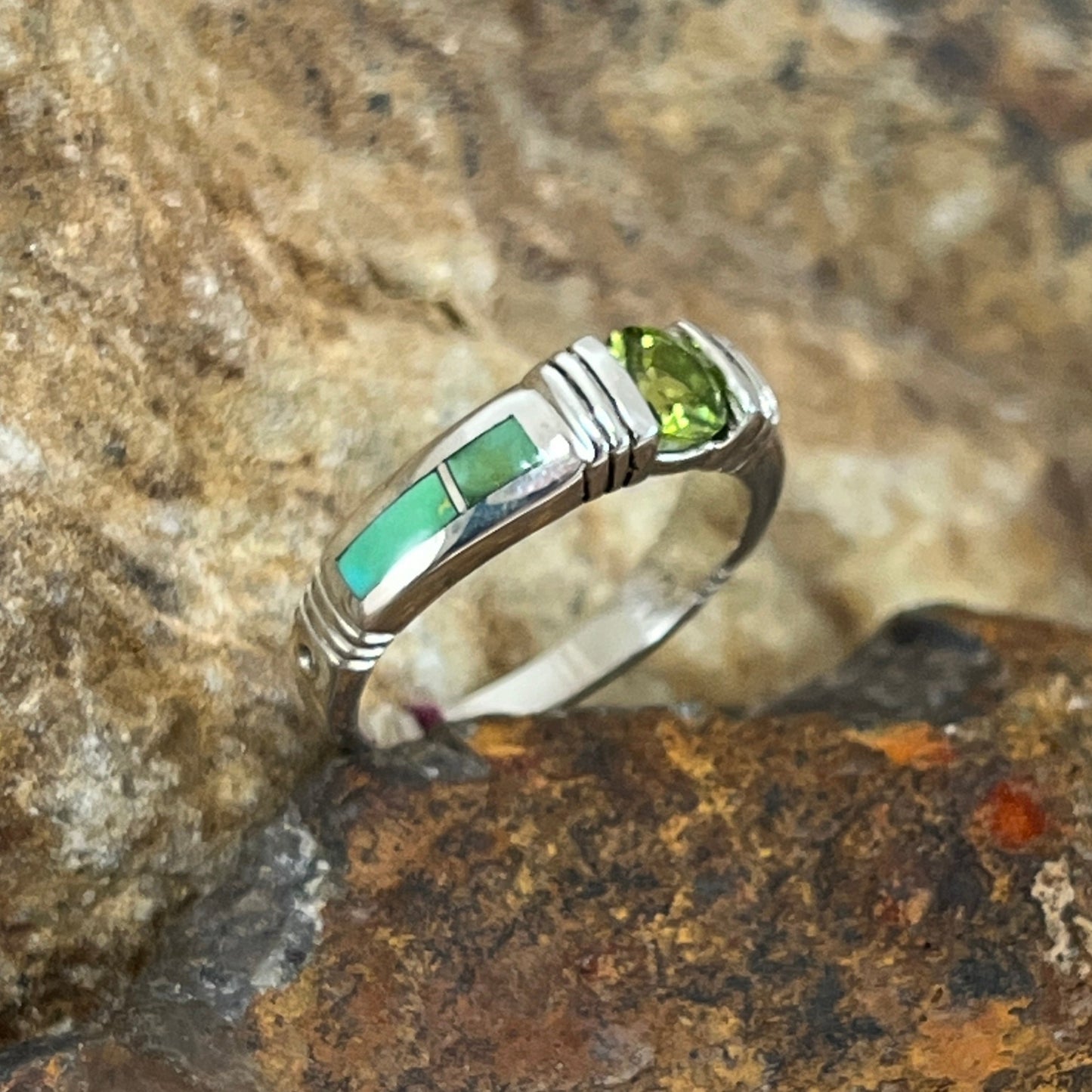 David Rosales Sonoran Gold Inlaid Sterling Silver Ring w/ Peridot