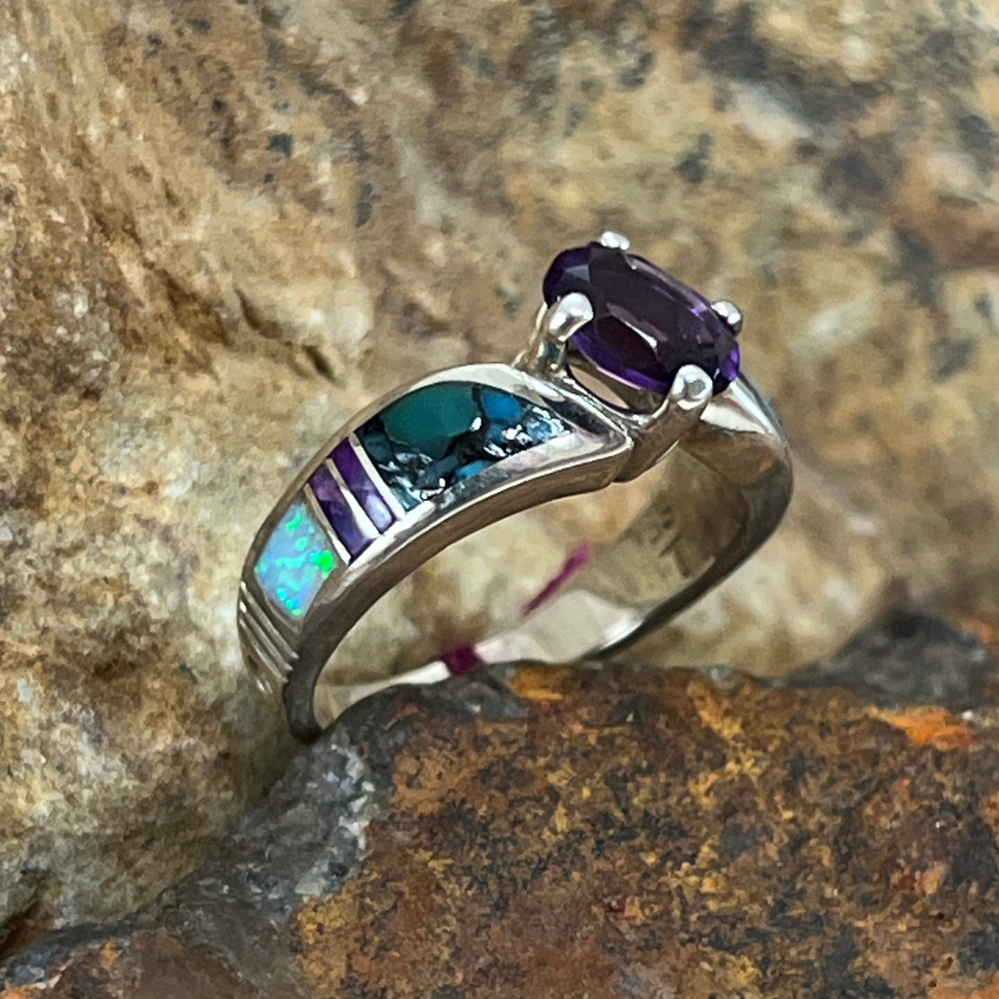 David Rosales Shalako Inlaid Sterling Silver Ring w/ Amethyst