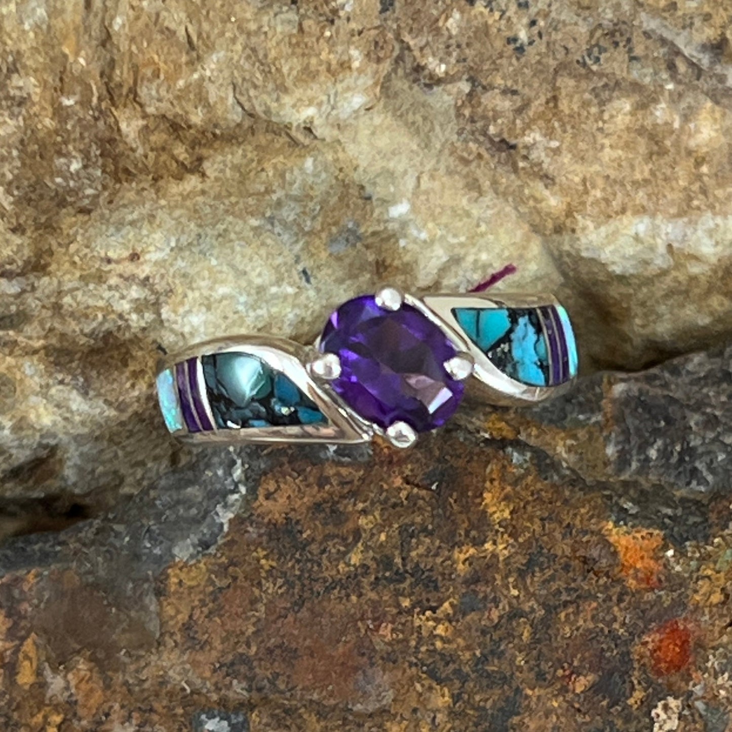 David Rosales Shalako Inlaid Sterling Silver Ring w/ Amethyst