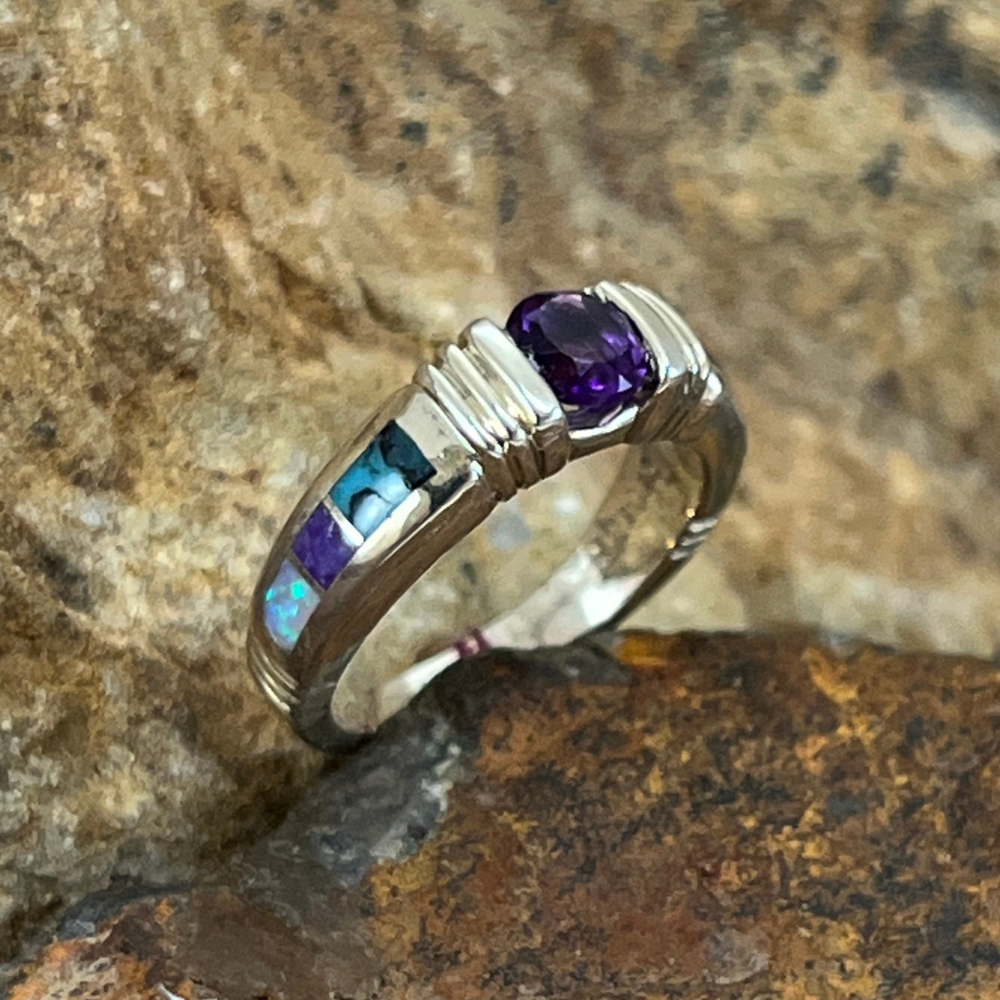 David Rosales Shalako Inlaid Sterling Silver Ring w/ Amethyst