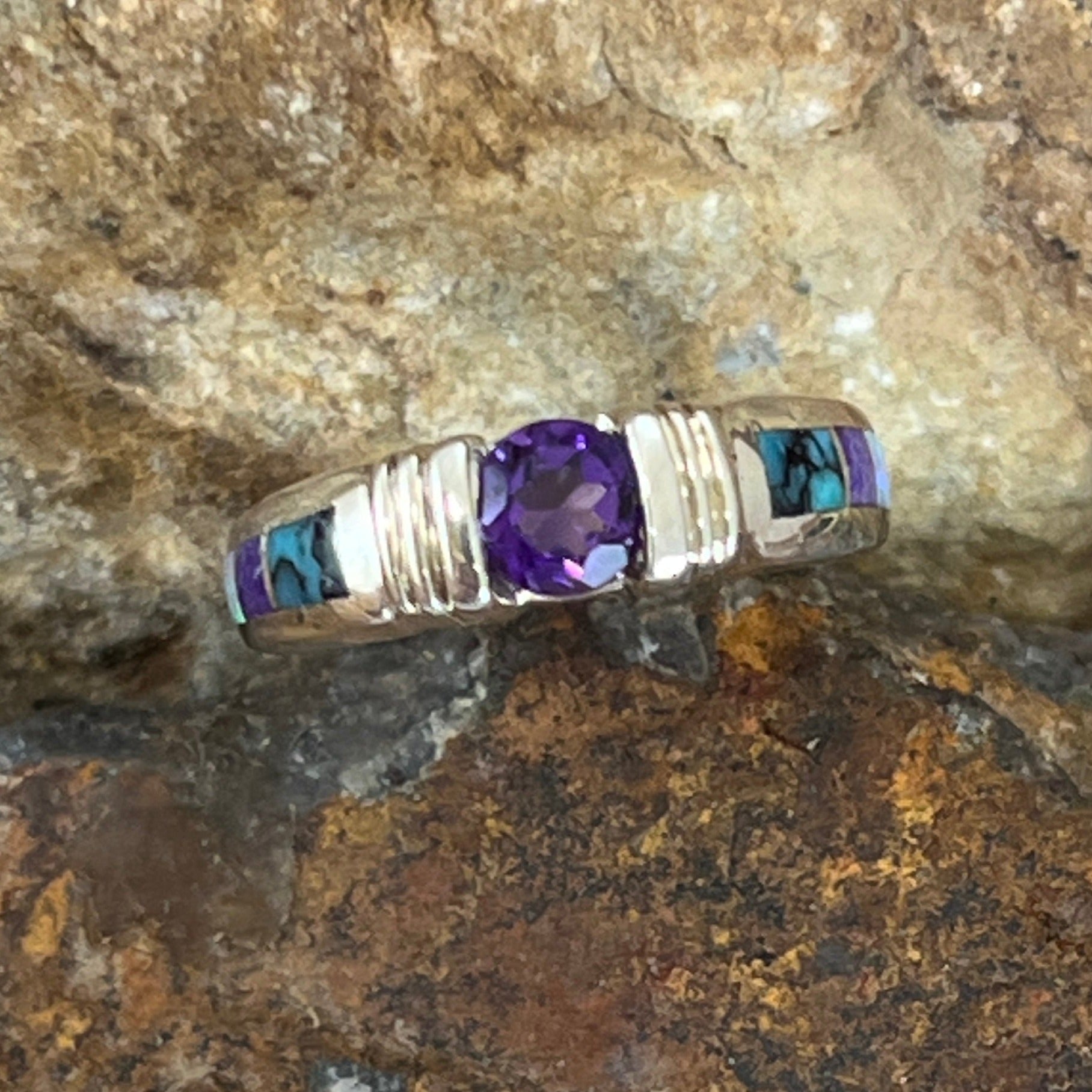 David Rosales Shalako Inlaid Sterling Silver Ring w/ Amethyst