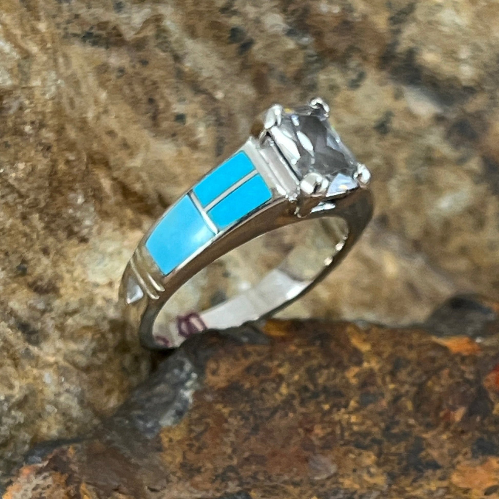 David Rosales Arizona Blue Inlaid Sterling Silver Ring w/ Cubic Zirconia