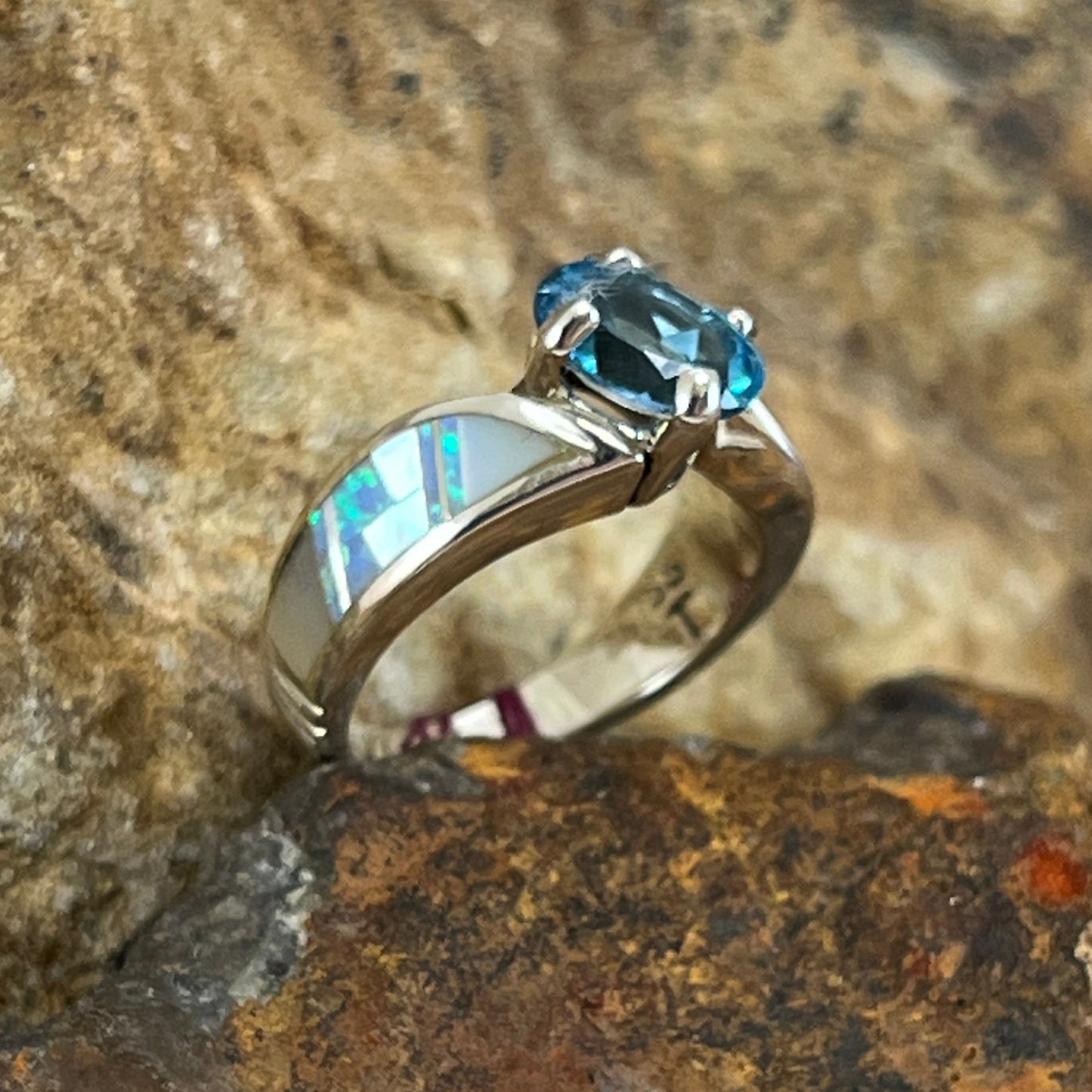 David Rosales Mystic Pearl Inlaid Sterling Silver Ring w/ Blue Topaz