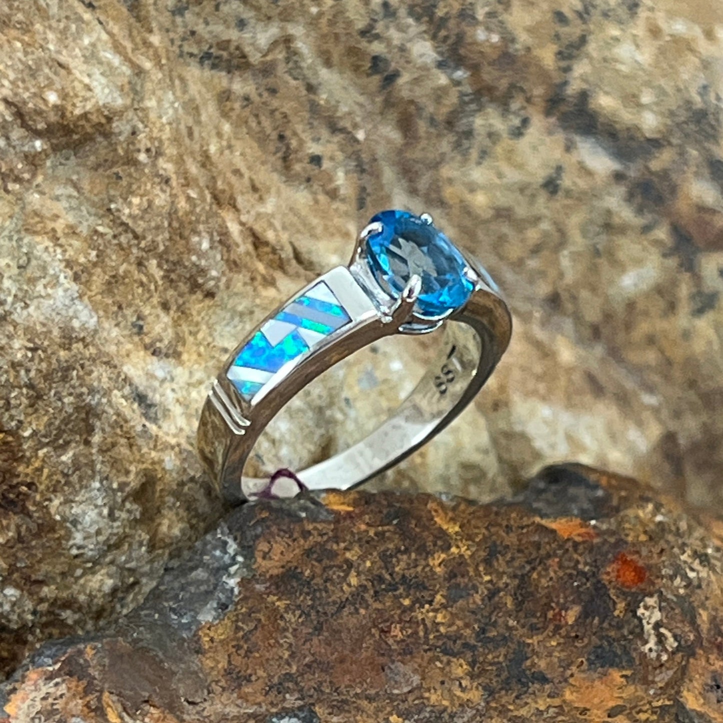 David Rosales Mystic Pearl Inlaid Sterling Silver Ring w/ Blue Topaz