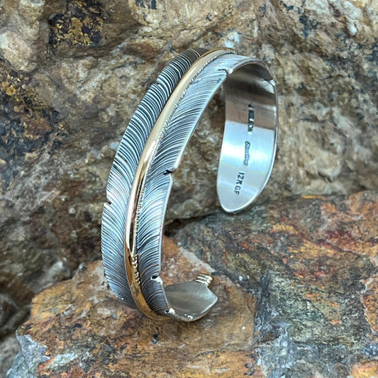 Sterling Silver Feather Cuff Bracelet w/ Gold Fill by Jon Nelson