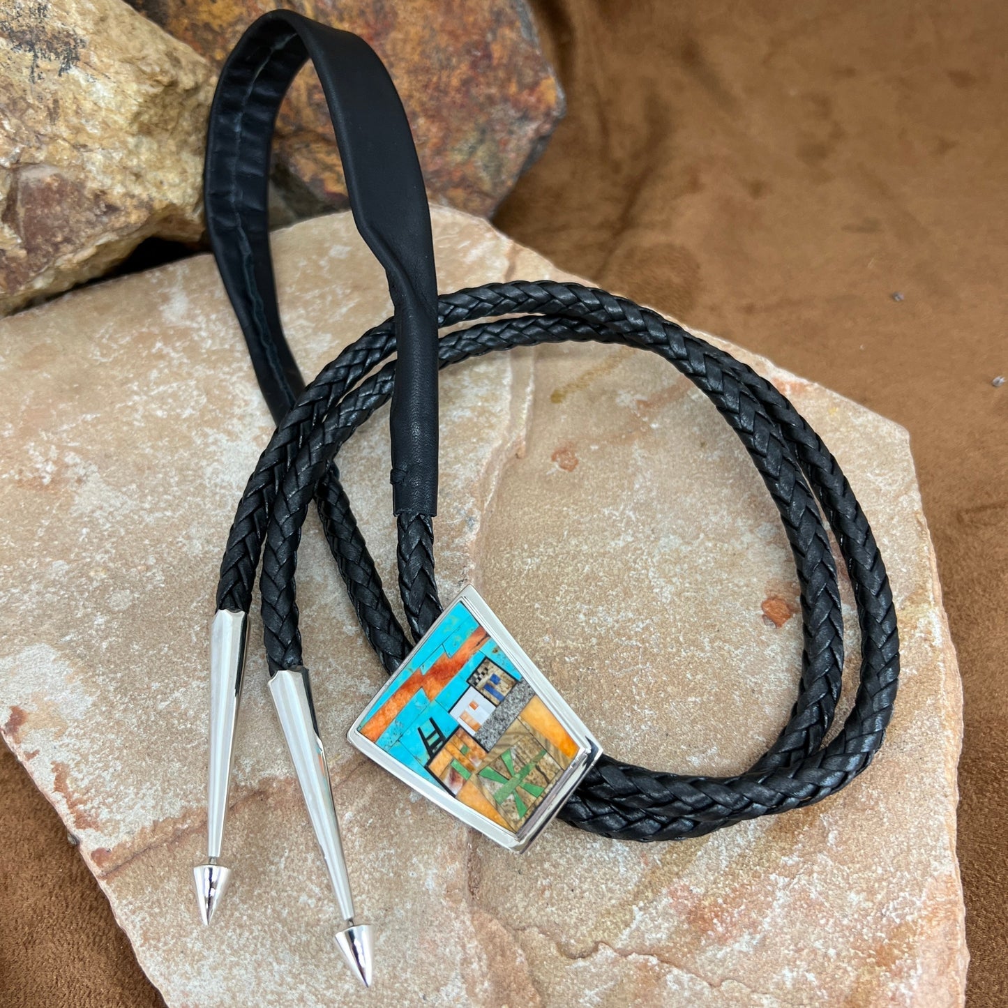 David Rosales Fancy Inlaid Sterling Silver Bolo Tie Pueblo