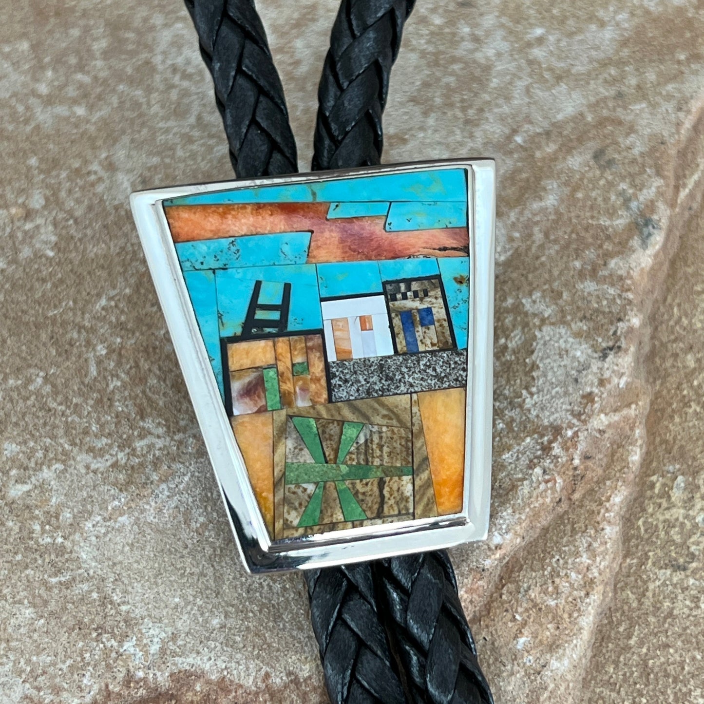 David Rosales Fancy Inlaid Sterling Silver Bolo Tie Pueblo