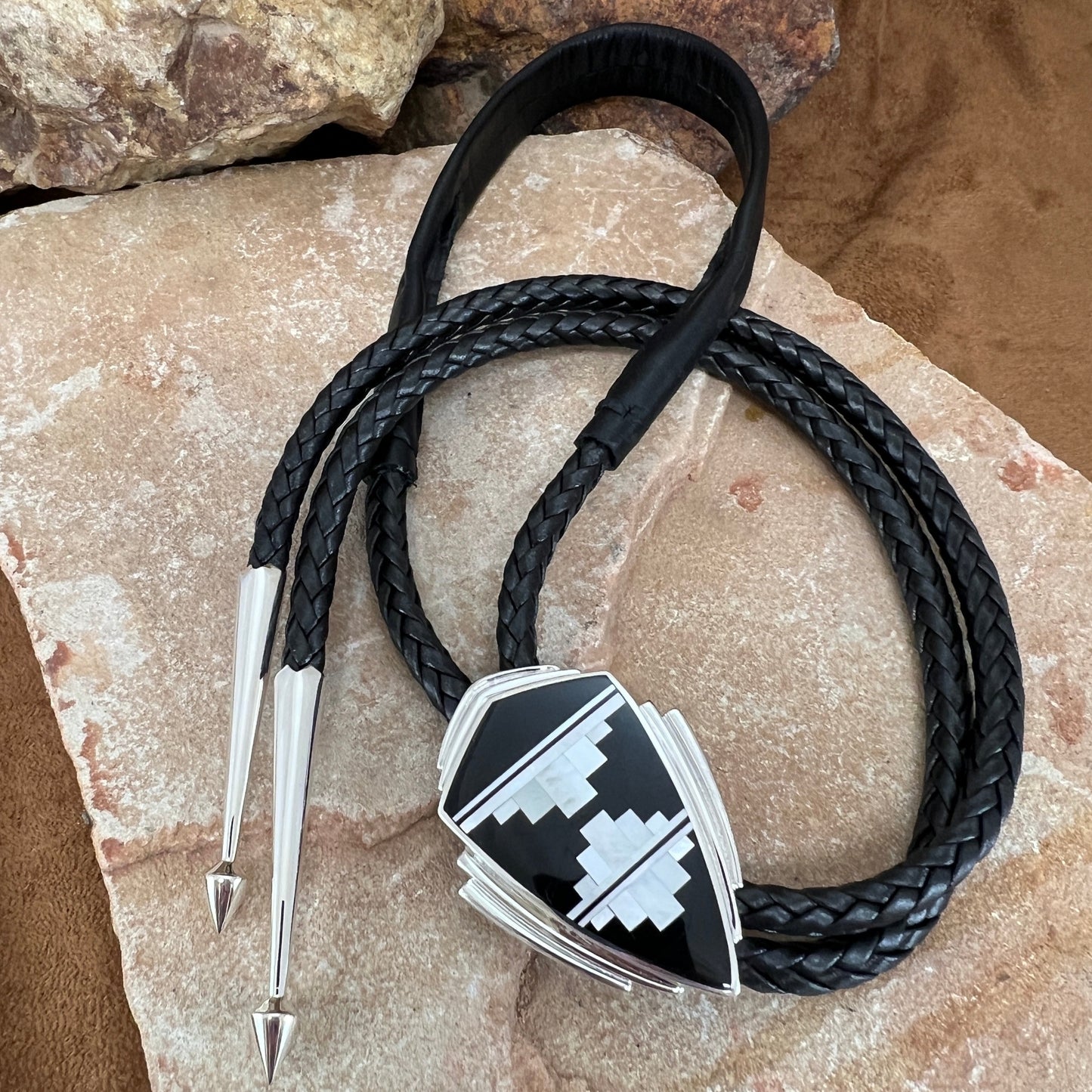 David Rosales Tuxedo Fancy Inlaid Sterling Silver Bolo Tie