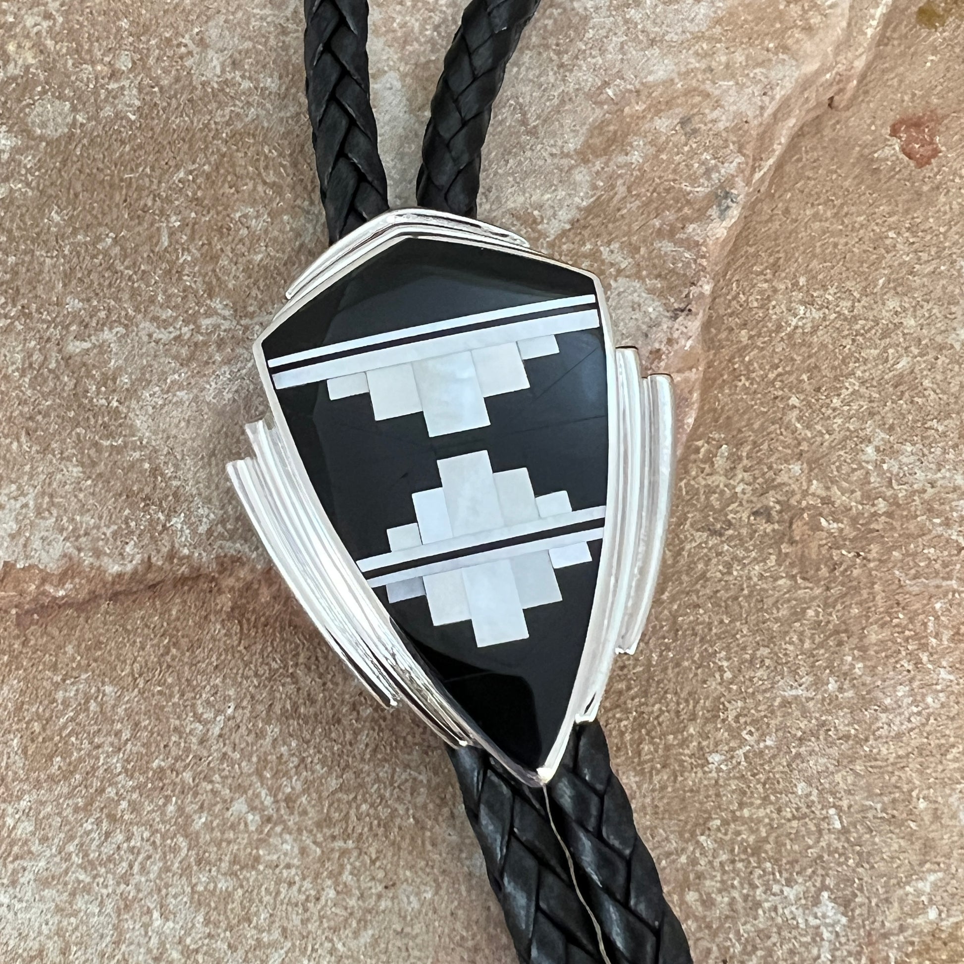 David Rosales Tuxedo Fancy Inlaid Sterling Silver Bolo Tie