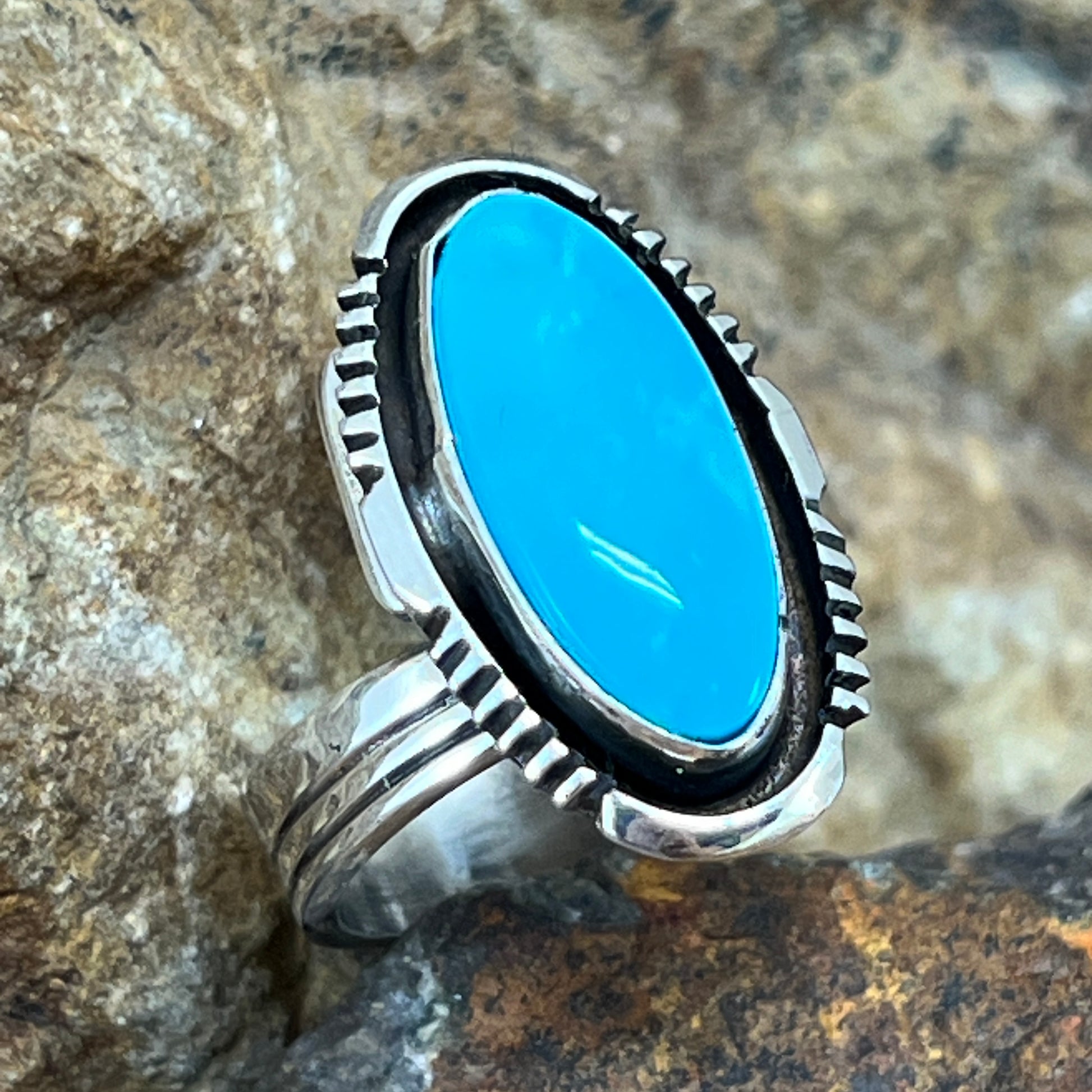 Kingman Turquoise Sterling Silver Ring by Wil Denetdale - Size 8 Adjustable