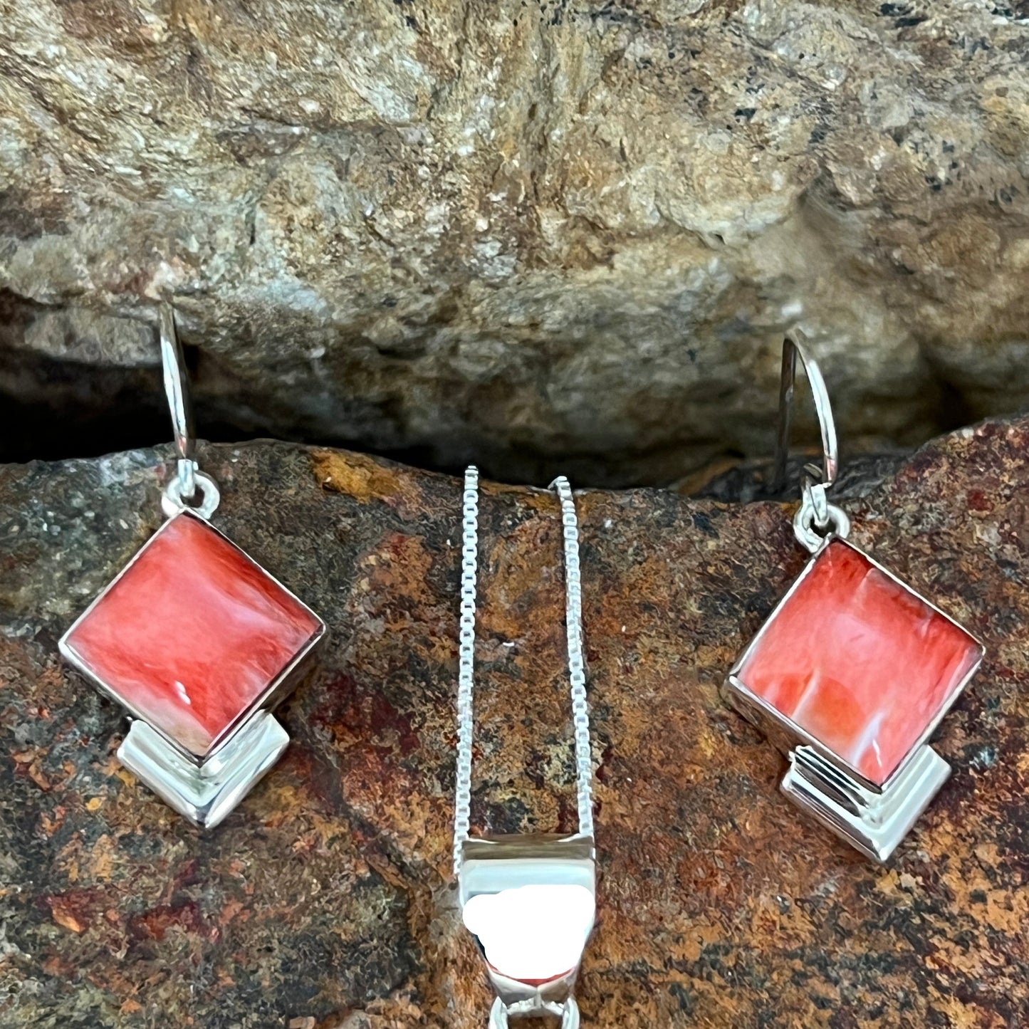 Orange Spiny Oyster Sterling Silver Earrings & Pendant by Cathy Webster