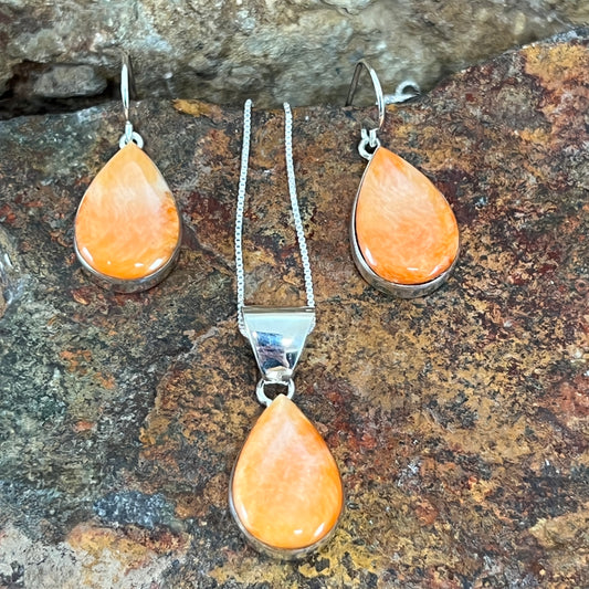 Orange Spiny Oyster Sterling Silver Earrings & Pendant by Cathy Webster